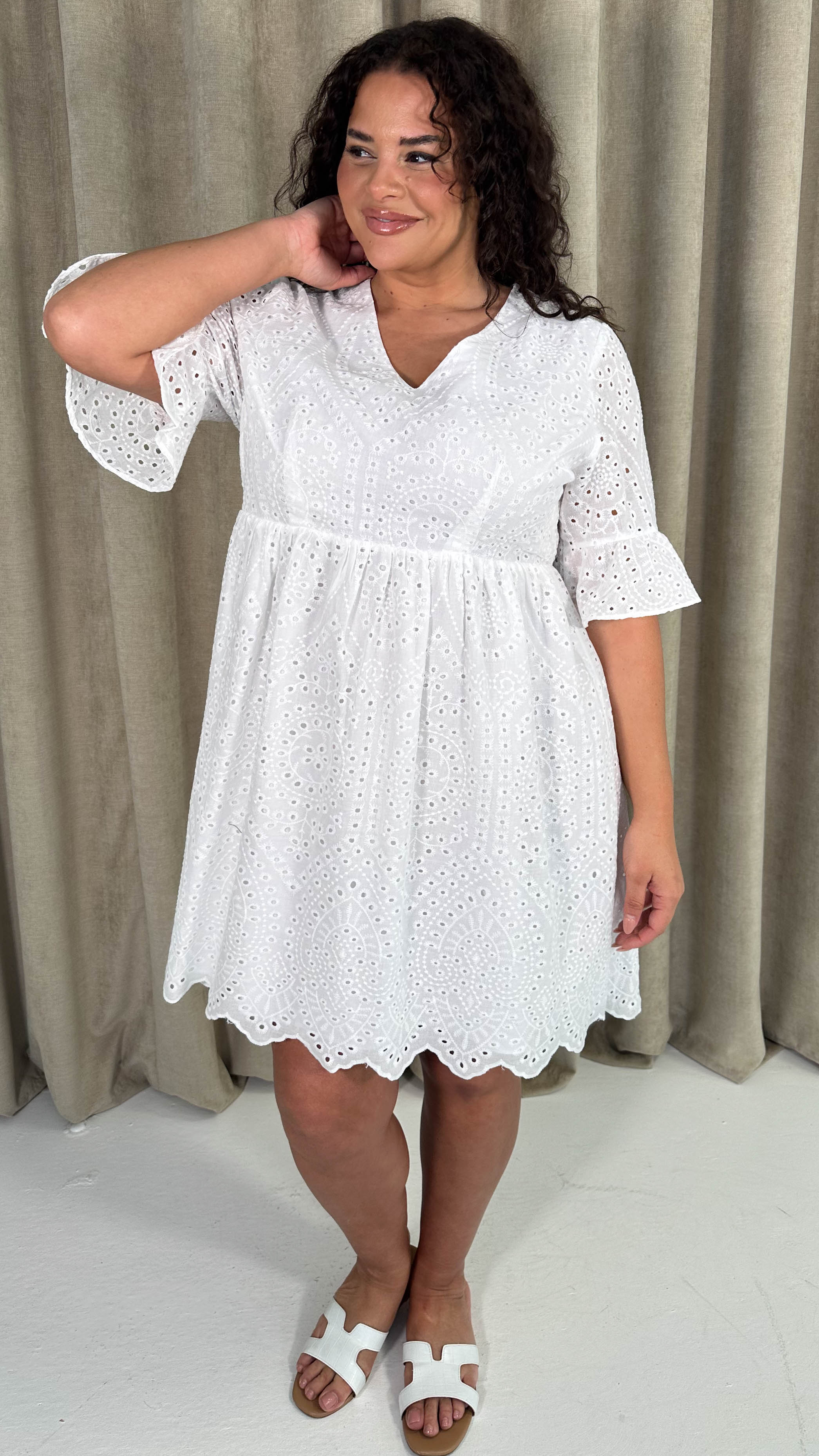 CurveWow Frill Sleeve Broderie Smock Dress White - Image 3