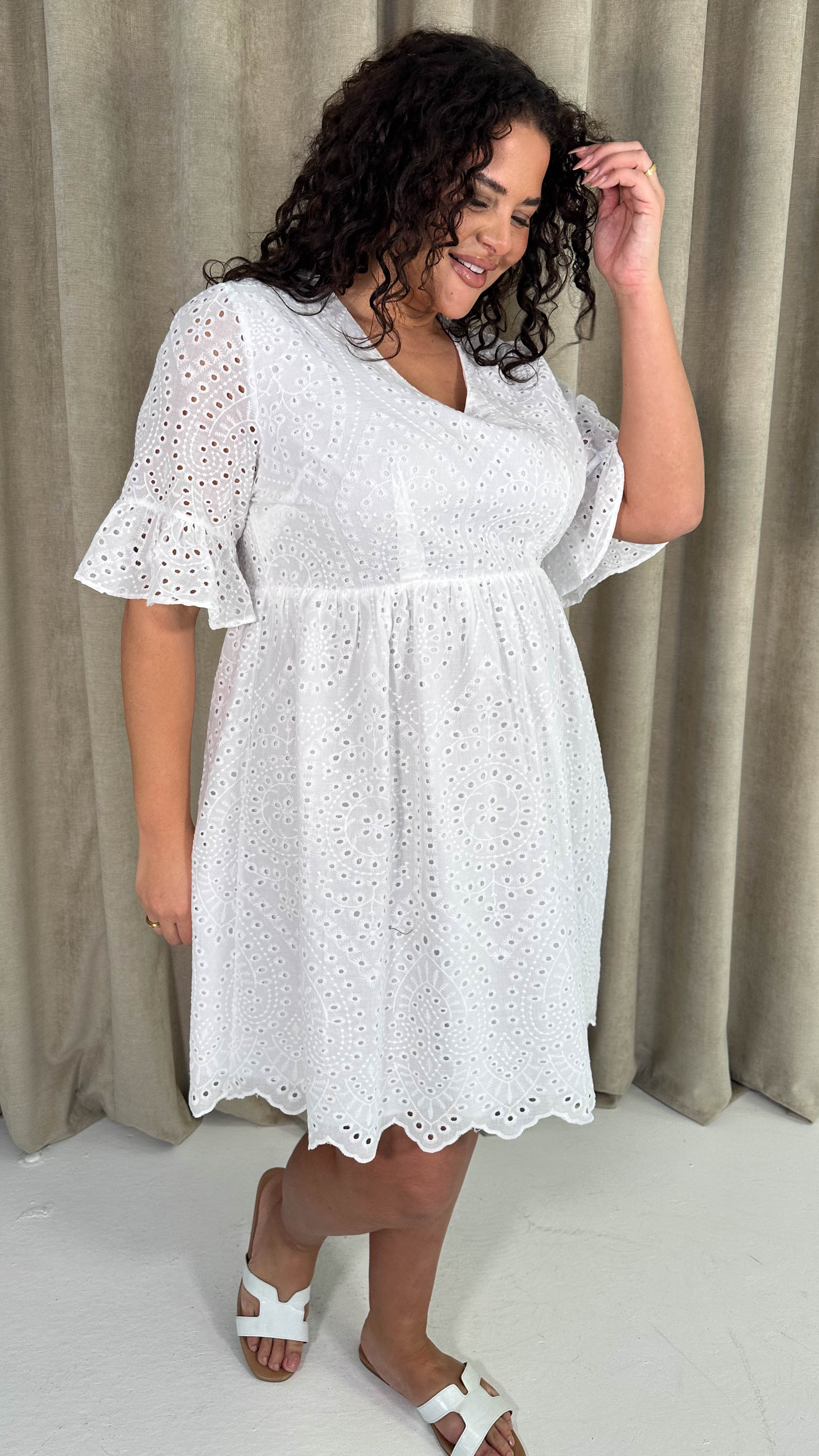 CurveWow Frill Sleeve Broderie Smock Dress White - Image 7