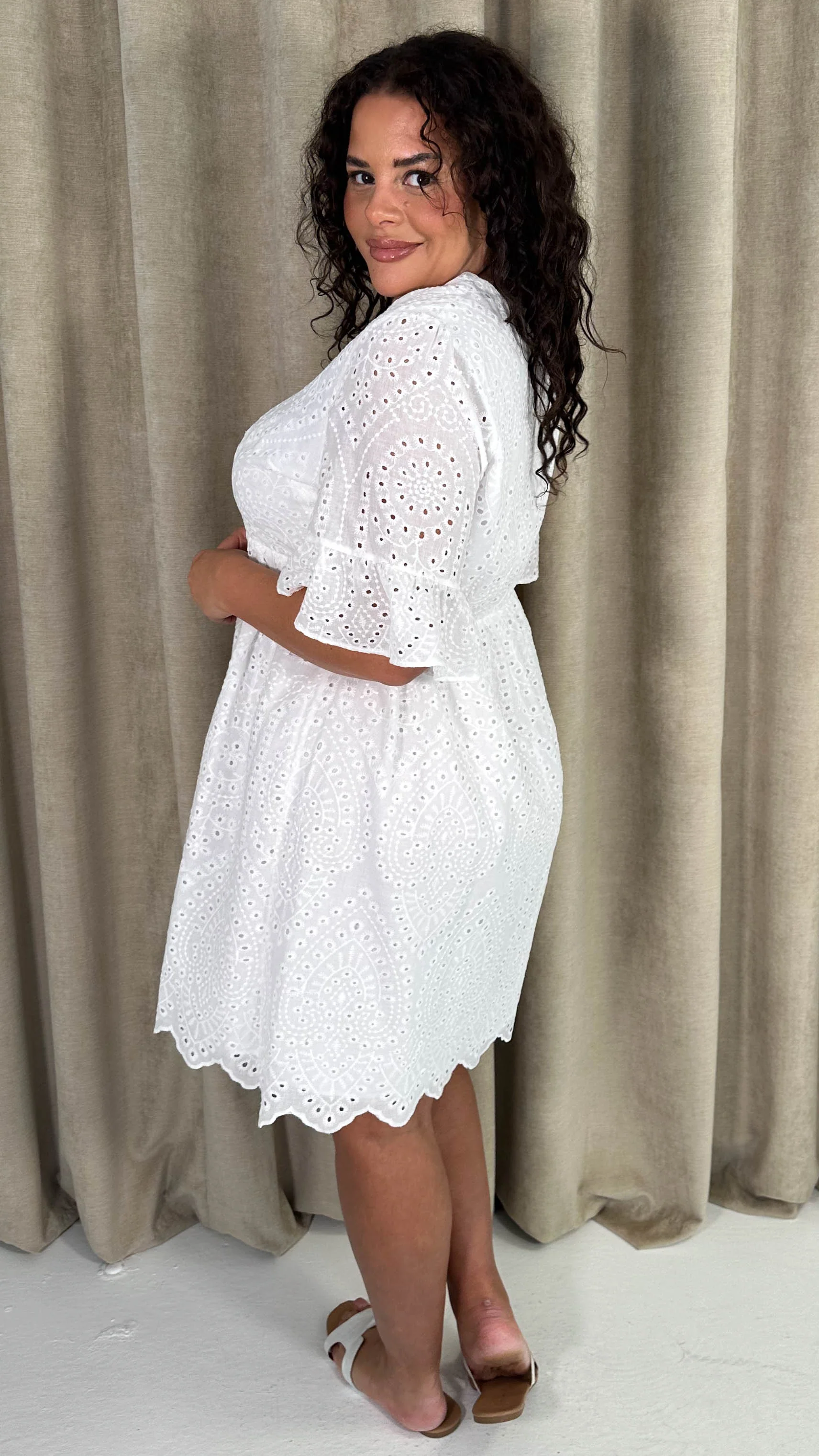 CurveWow Frill Sleeve Broderie Smock Dress White - Image 8