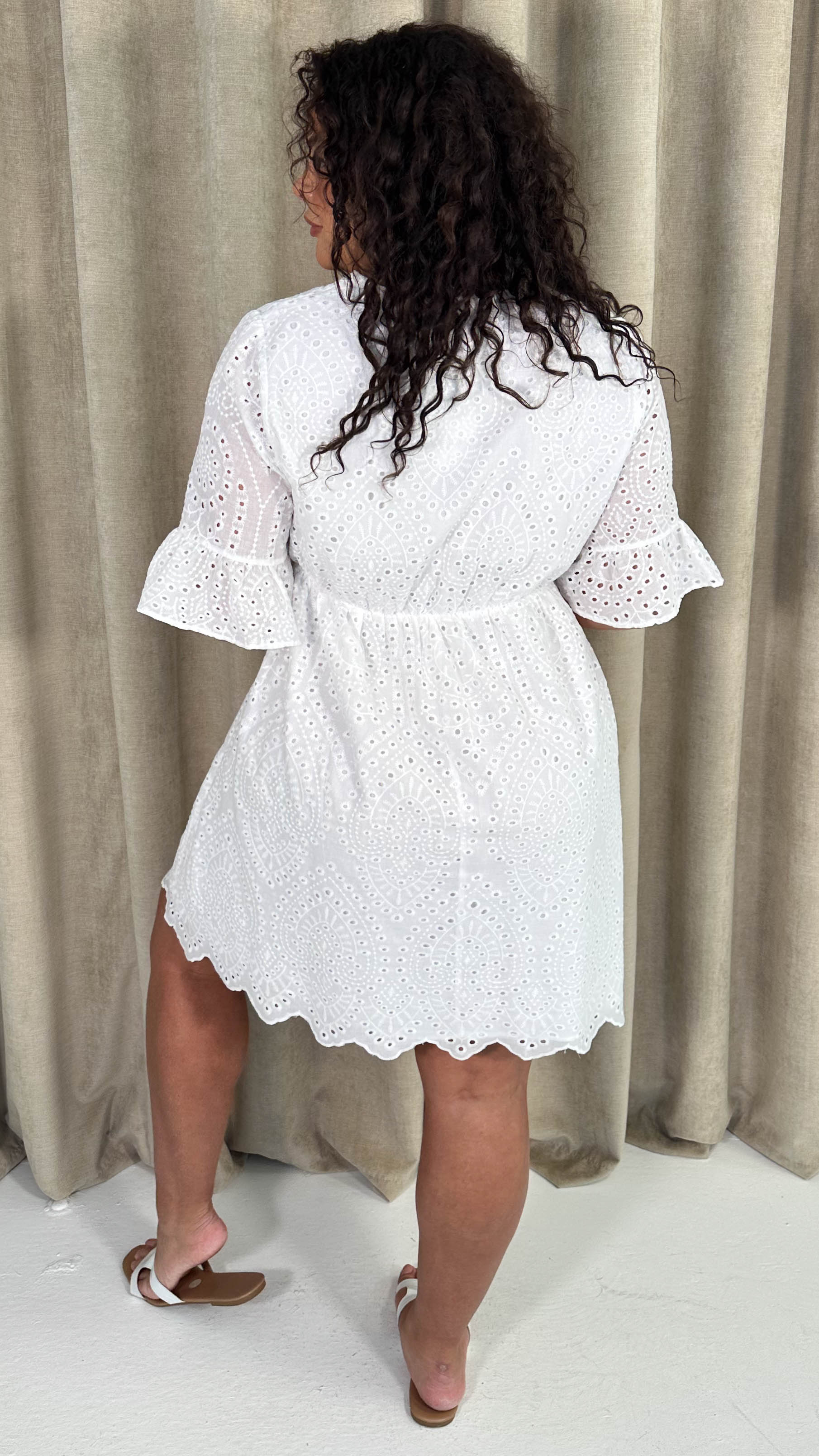 CurveWow Frill Sleeve Broderie Smock Dress White - Image 9