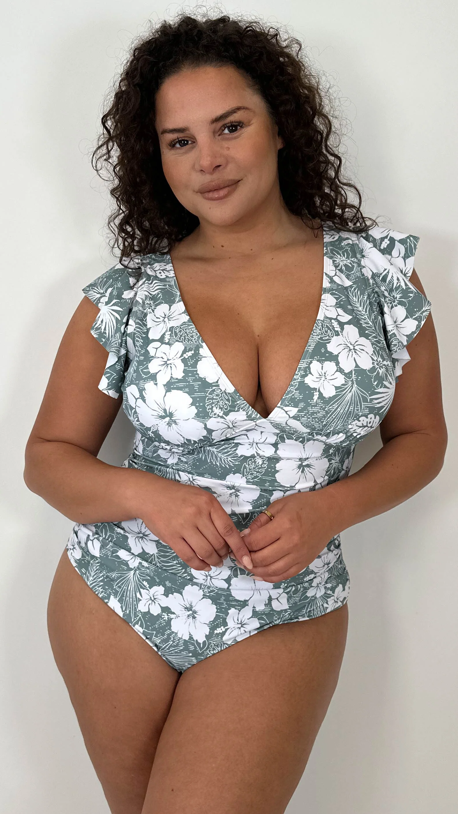 CurveWow Frill Sleeve Swimsuit Sage Green Tropical Floral - Image 5