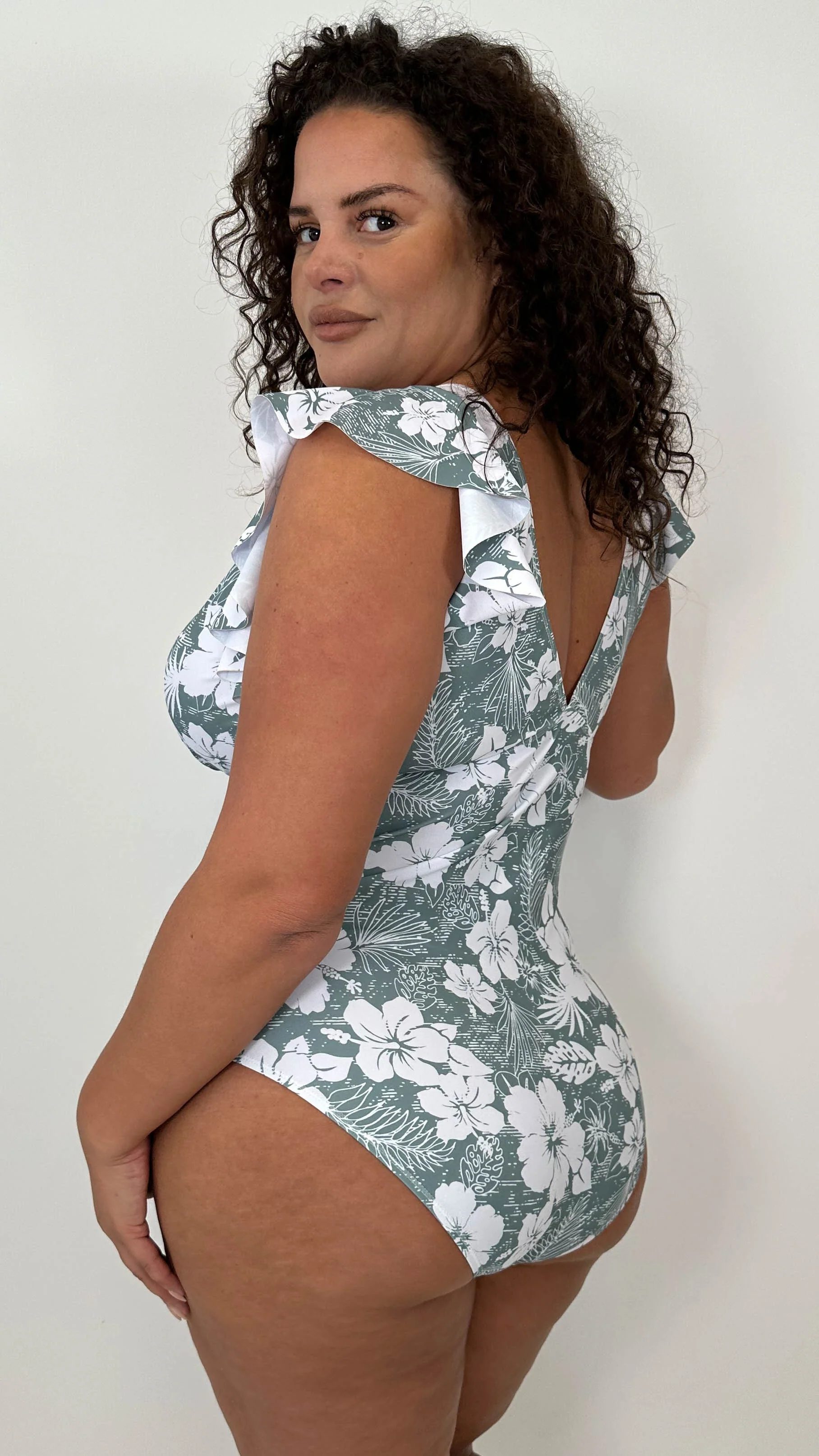 CurveWow Frill Sleeve Swimsuit Sage Green Tropical Floral - Image 7