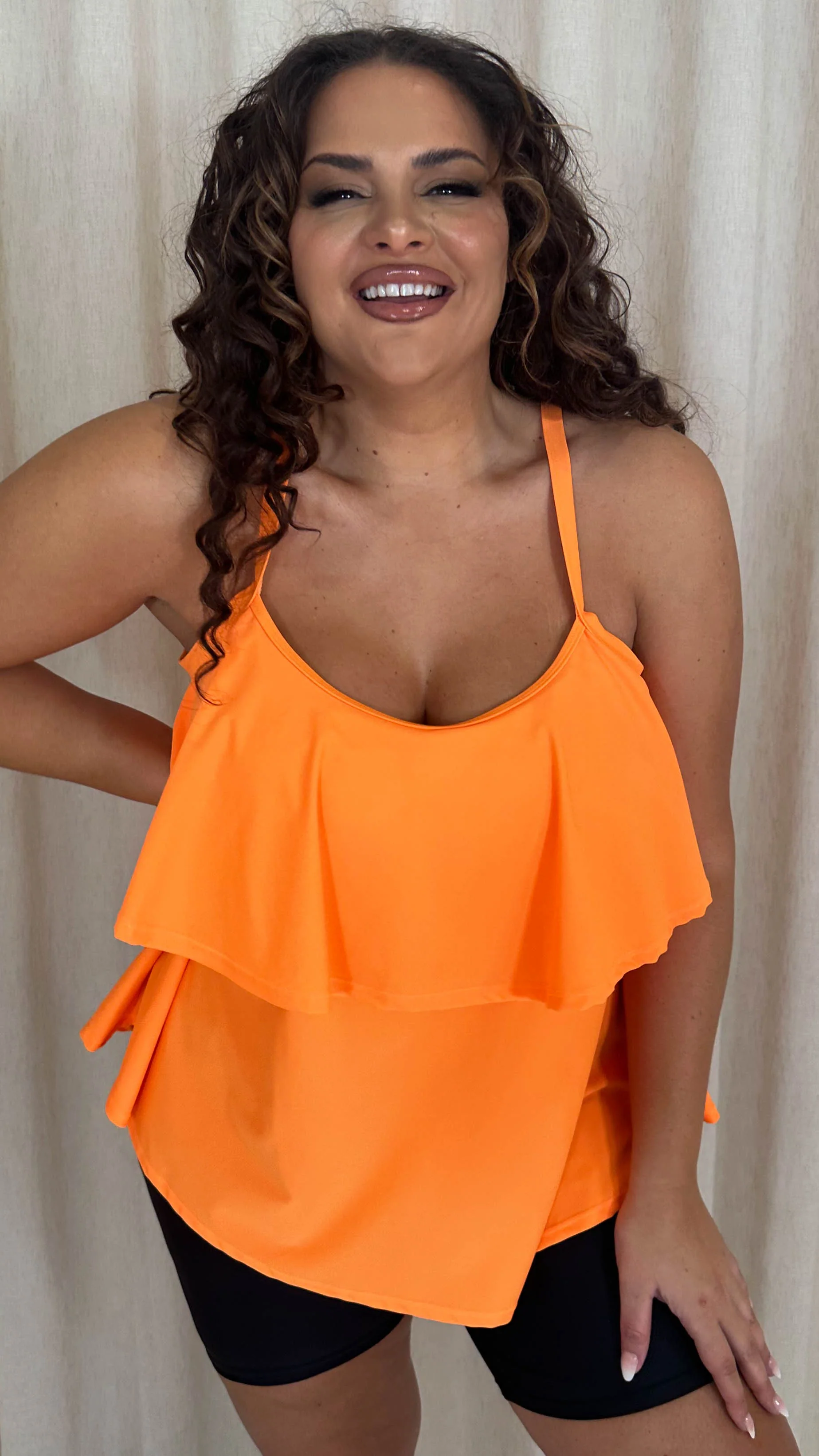 CurveWow Frill Swim Cami Tankini Top Orange - Image 6