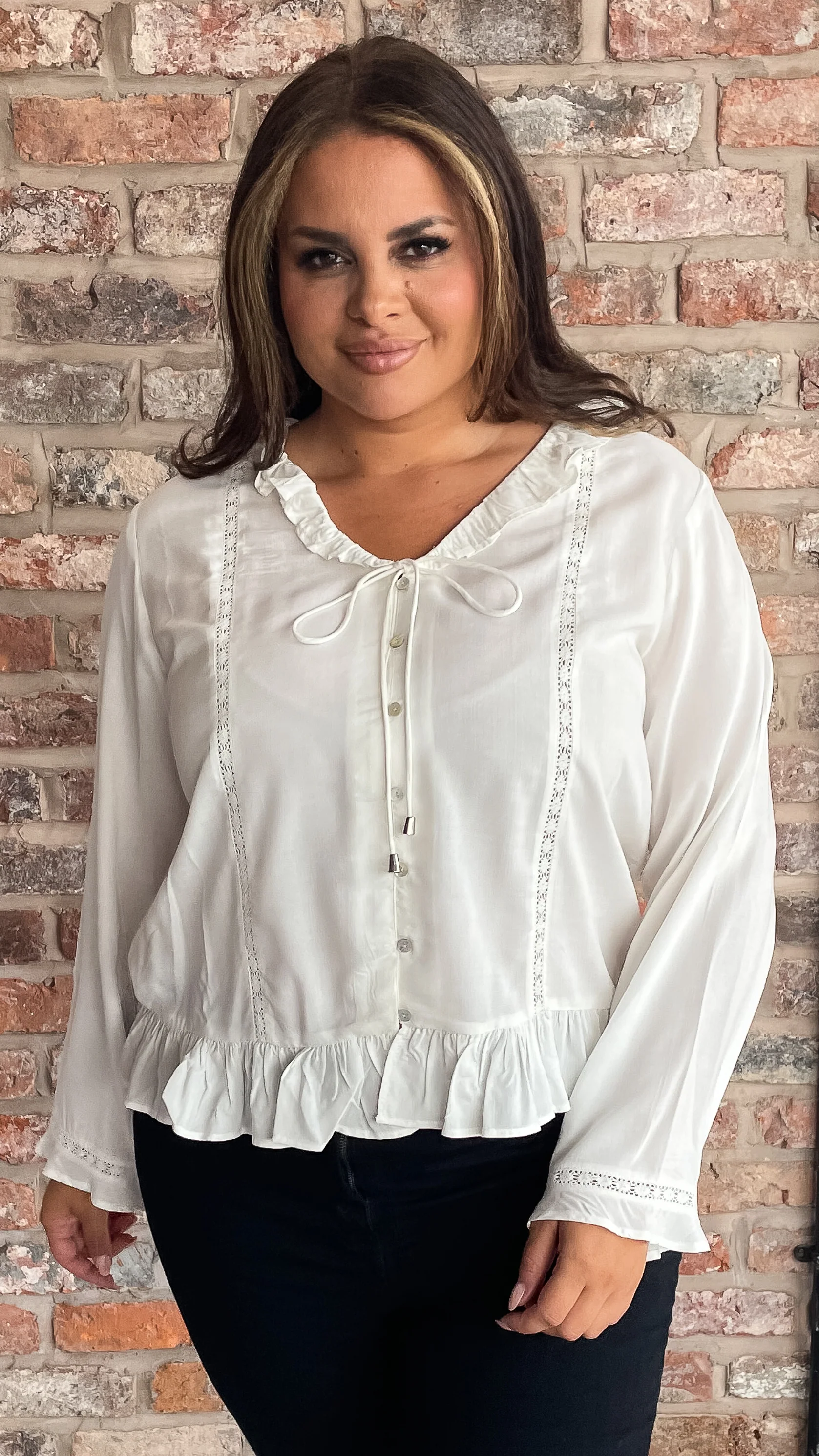 CurveWow Frill V Neck Blouse White