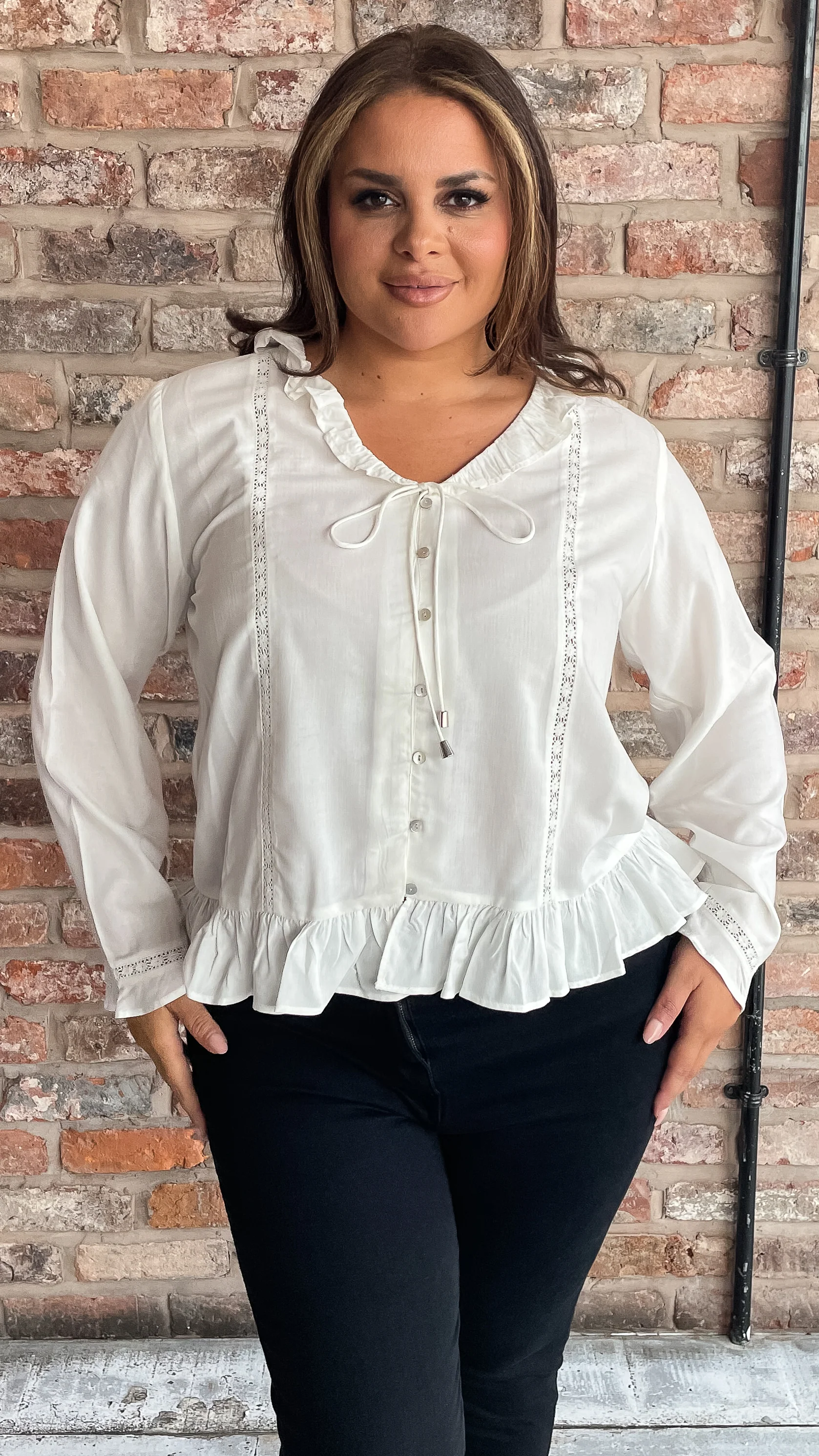 CurveWow Frill V Neck Blouse White - Image 3