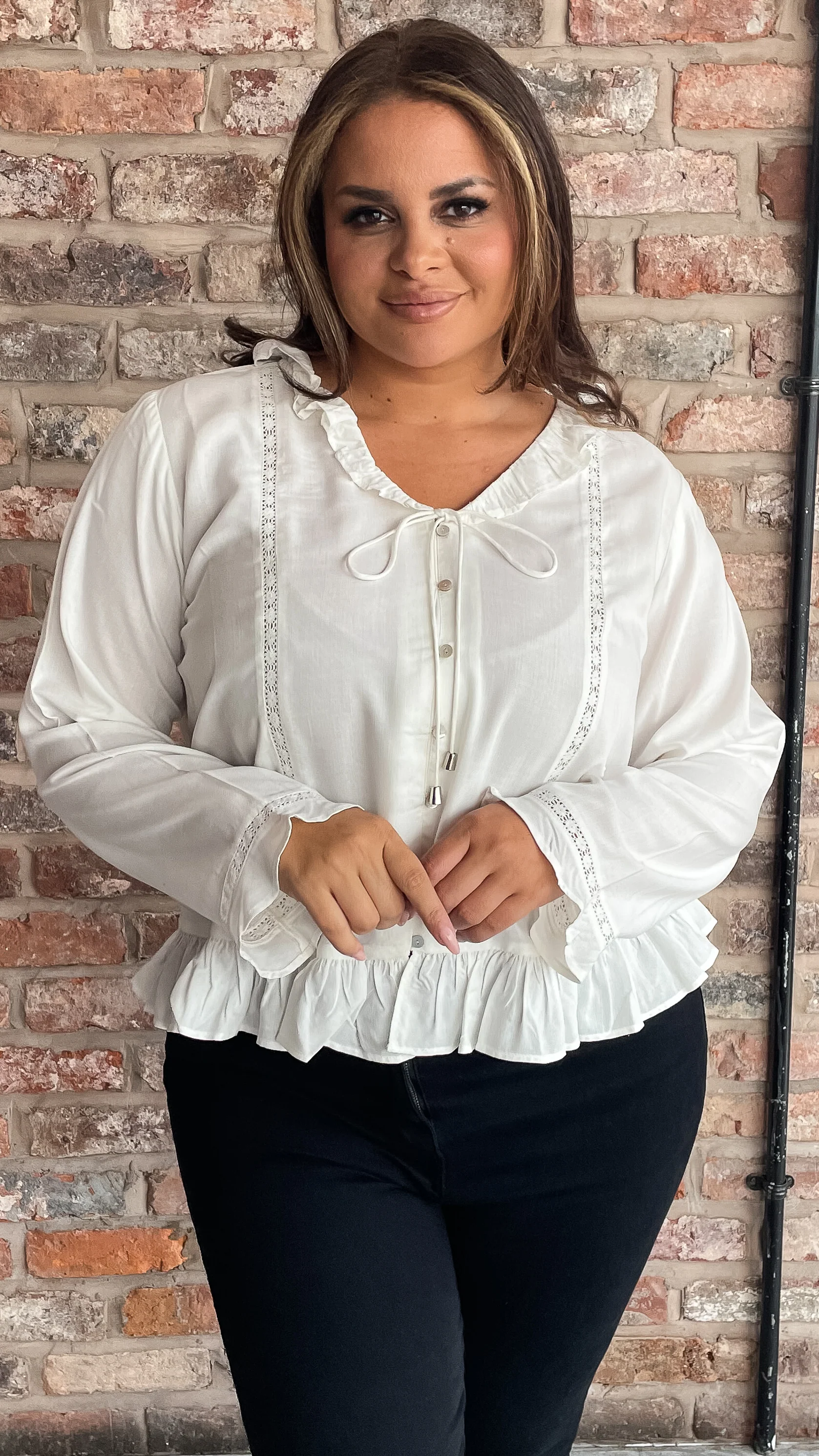 CurveWow Frill V Neck Blouse White - Image 4