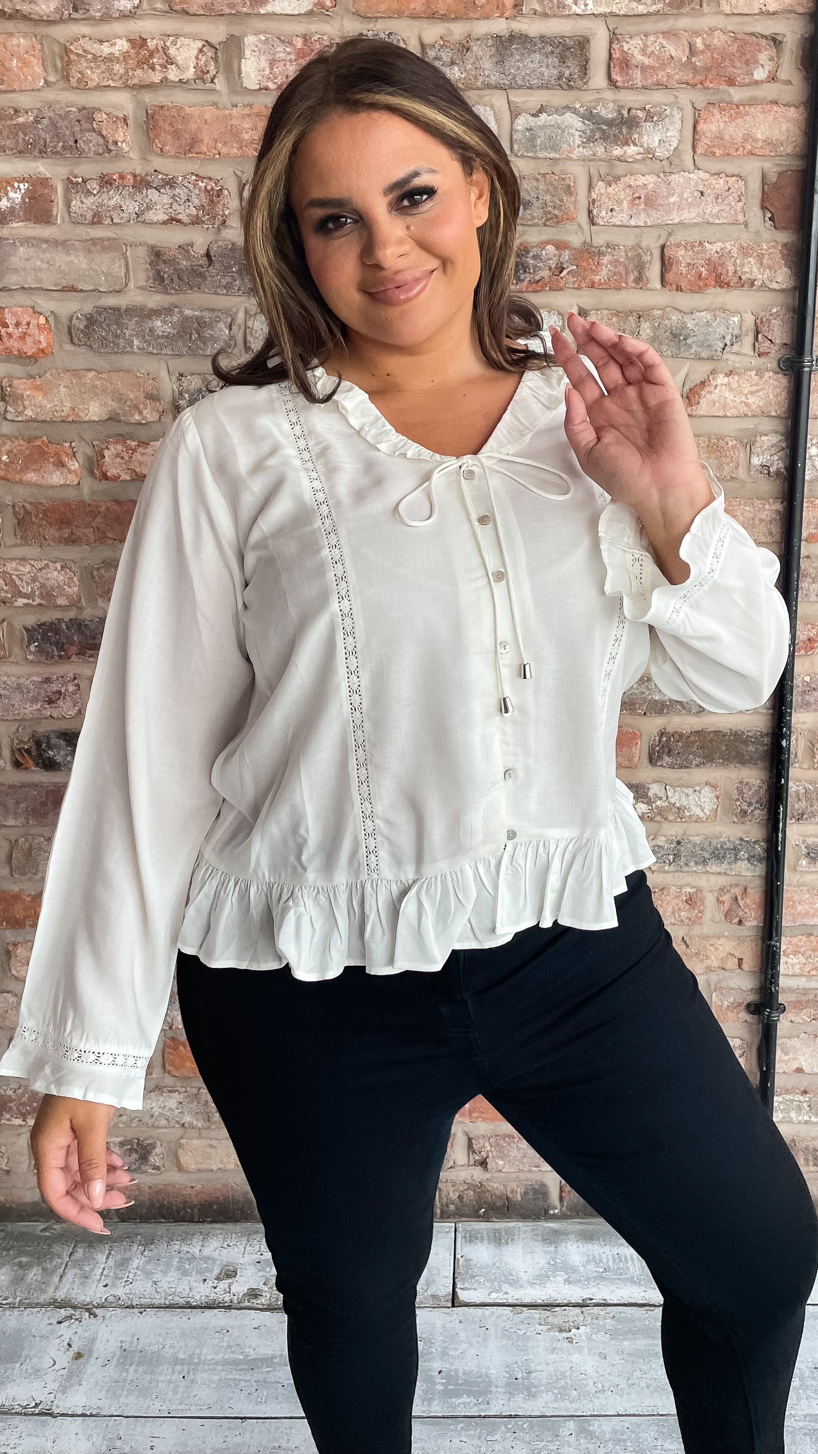 CurveWow Frill V Neck Blouse White - Image 5