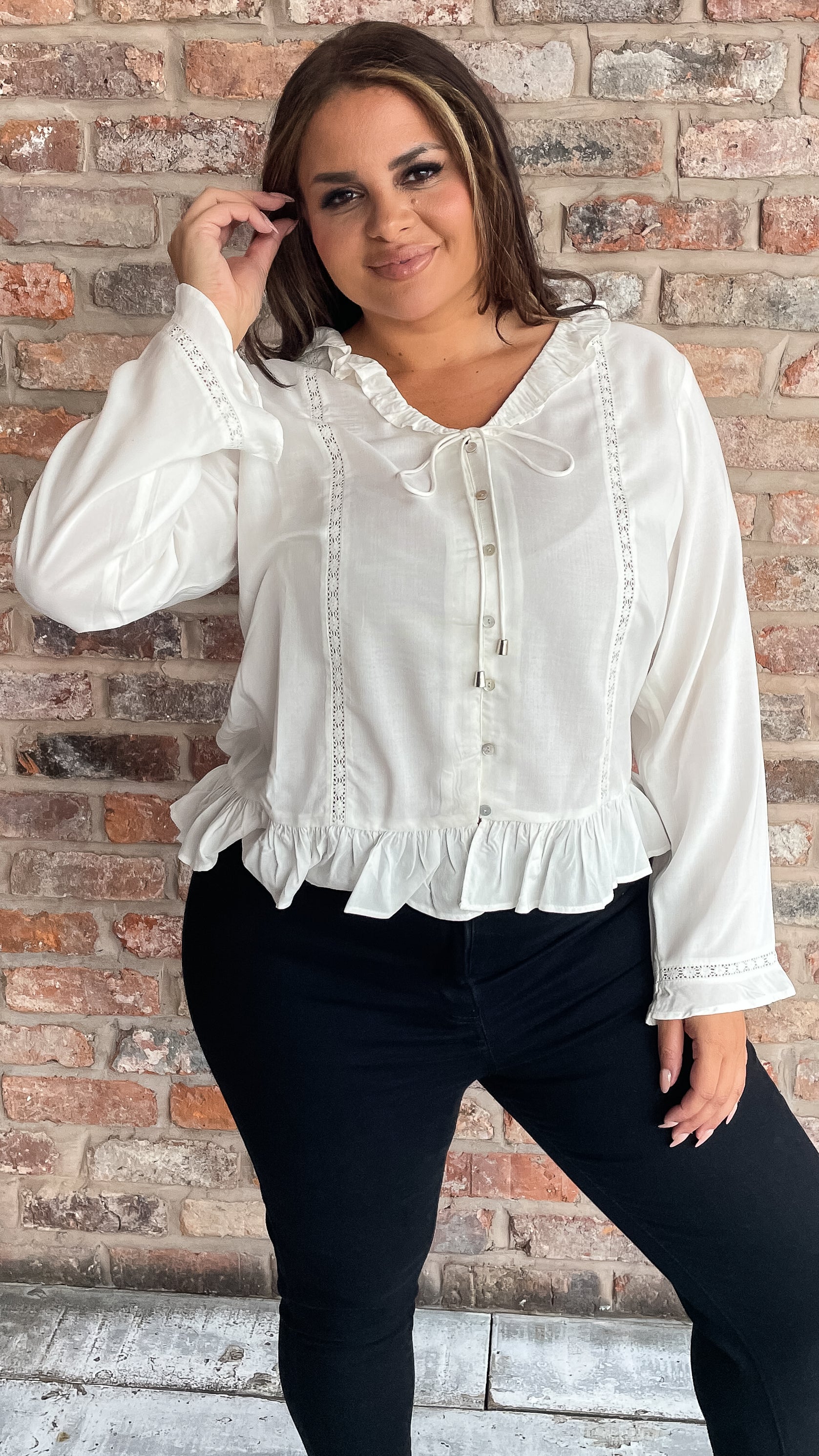 CurveWow Frill V Neck Blouse White - Image 7
