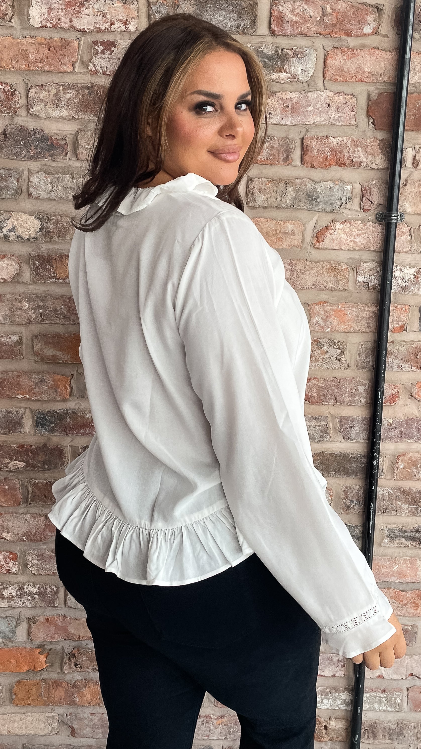 CurveWow Frill V Neck Blouse White - Image 8