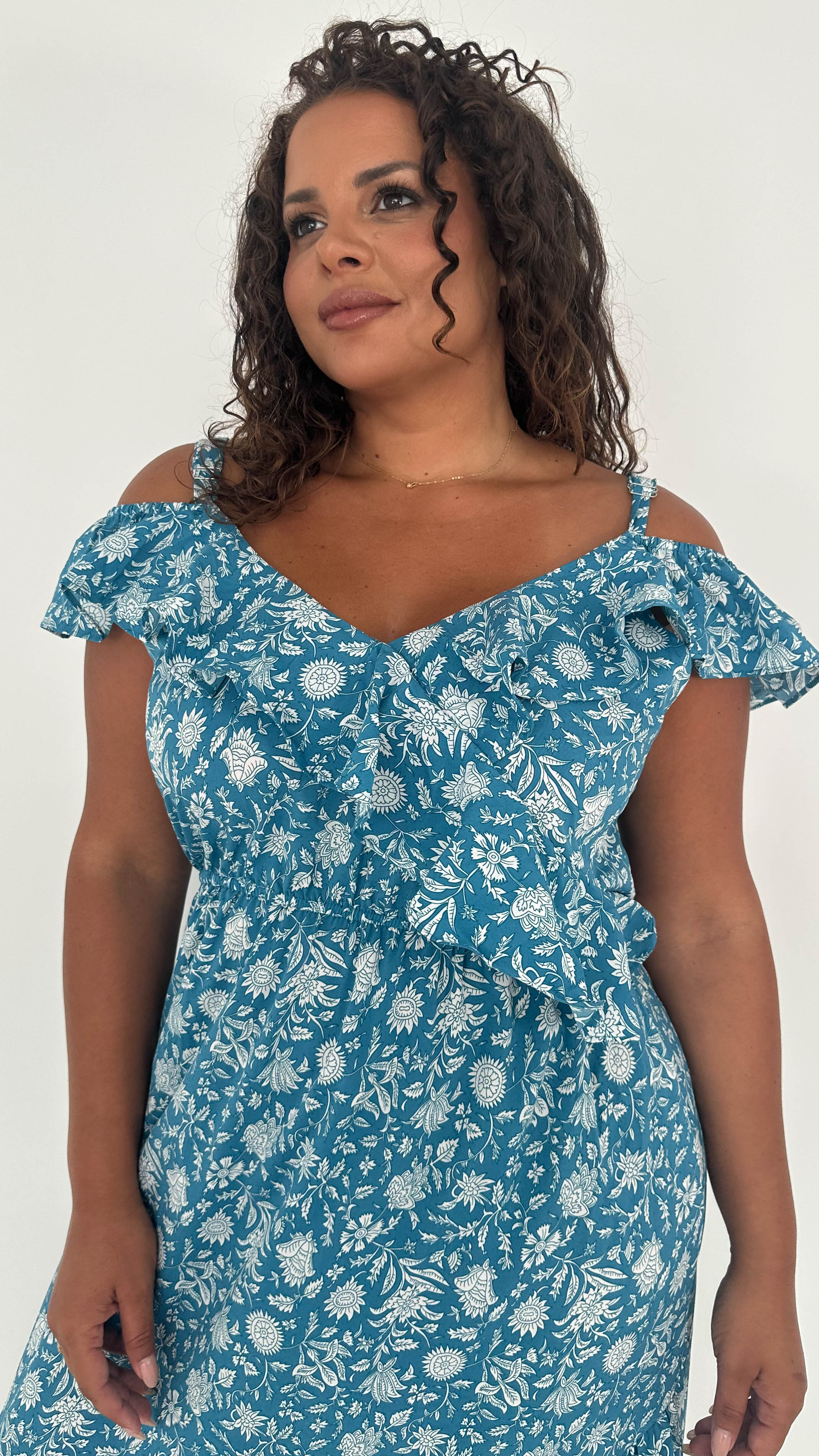 CurveWow Frill Wrap Dress Blue - Image 2