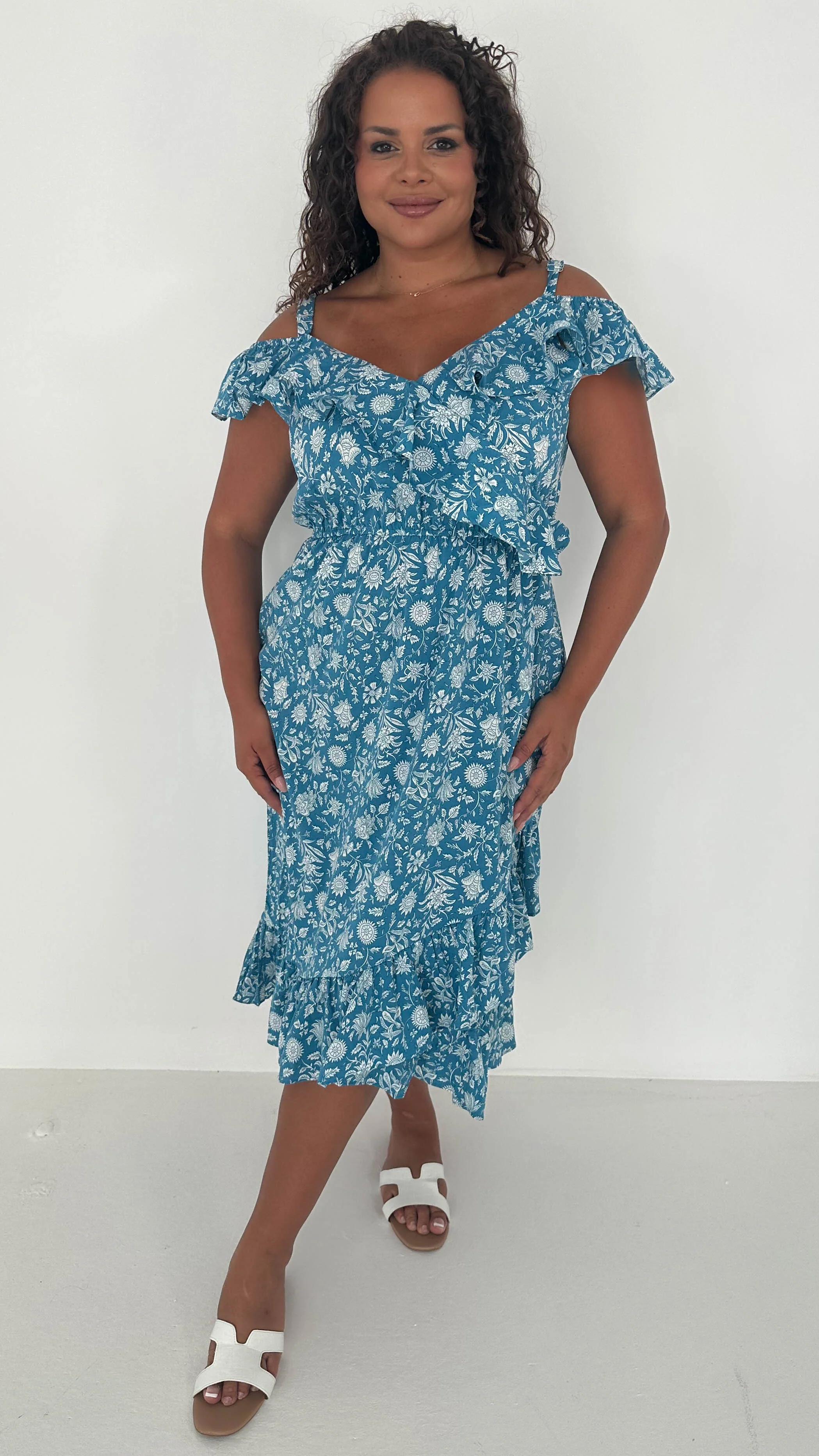 CurveWow Frill Wrap Dress Blue - Image 3
