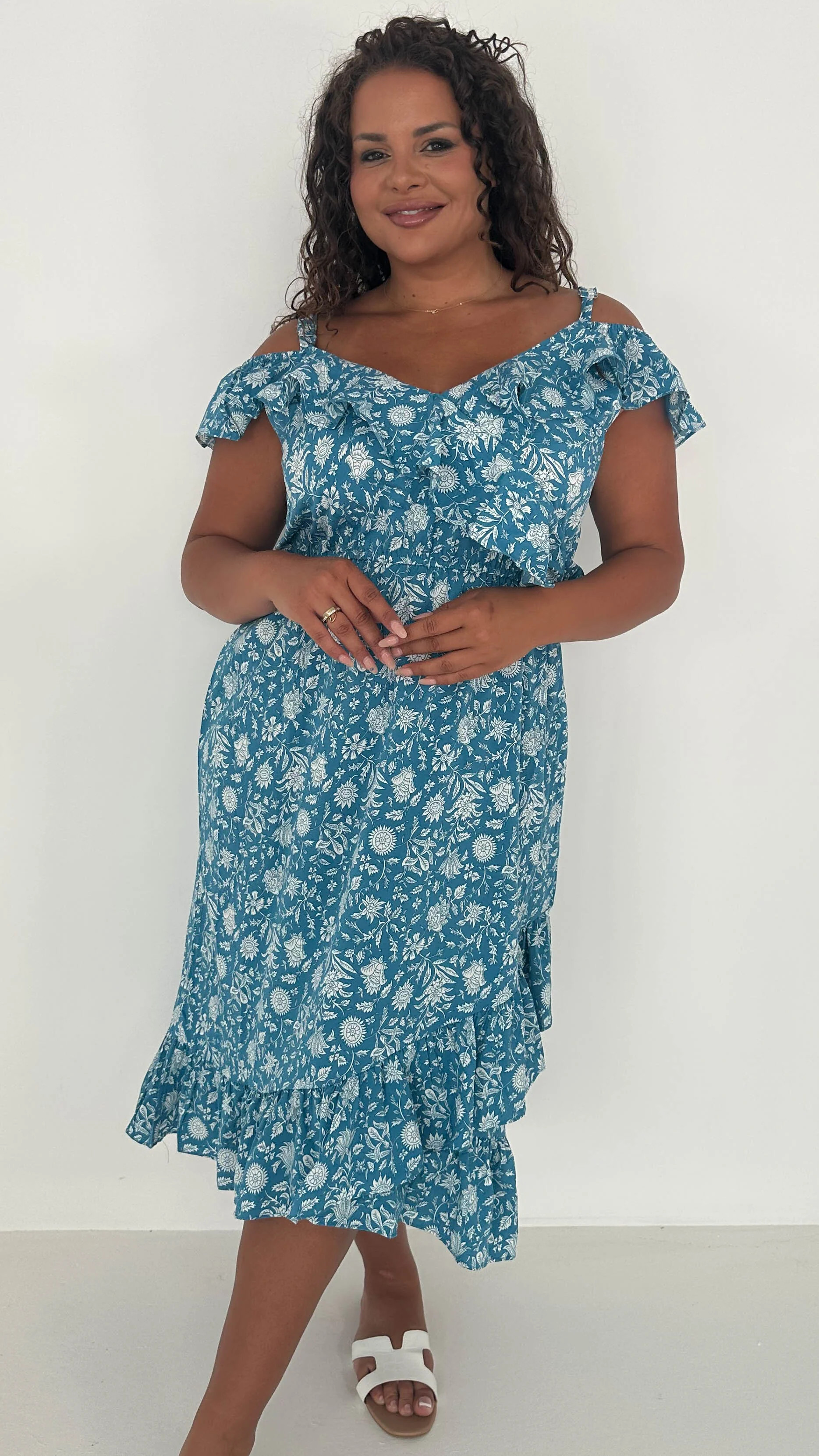 CurveWow Frill Wrap Dress Blue - Image 4