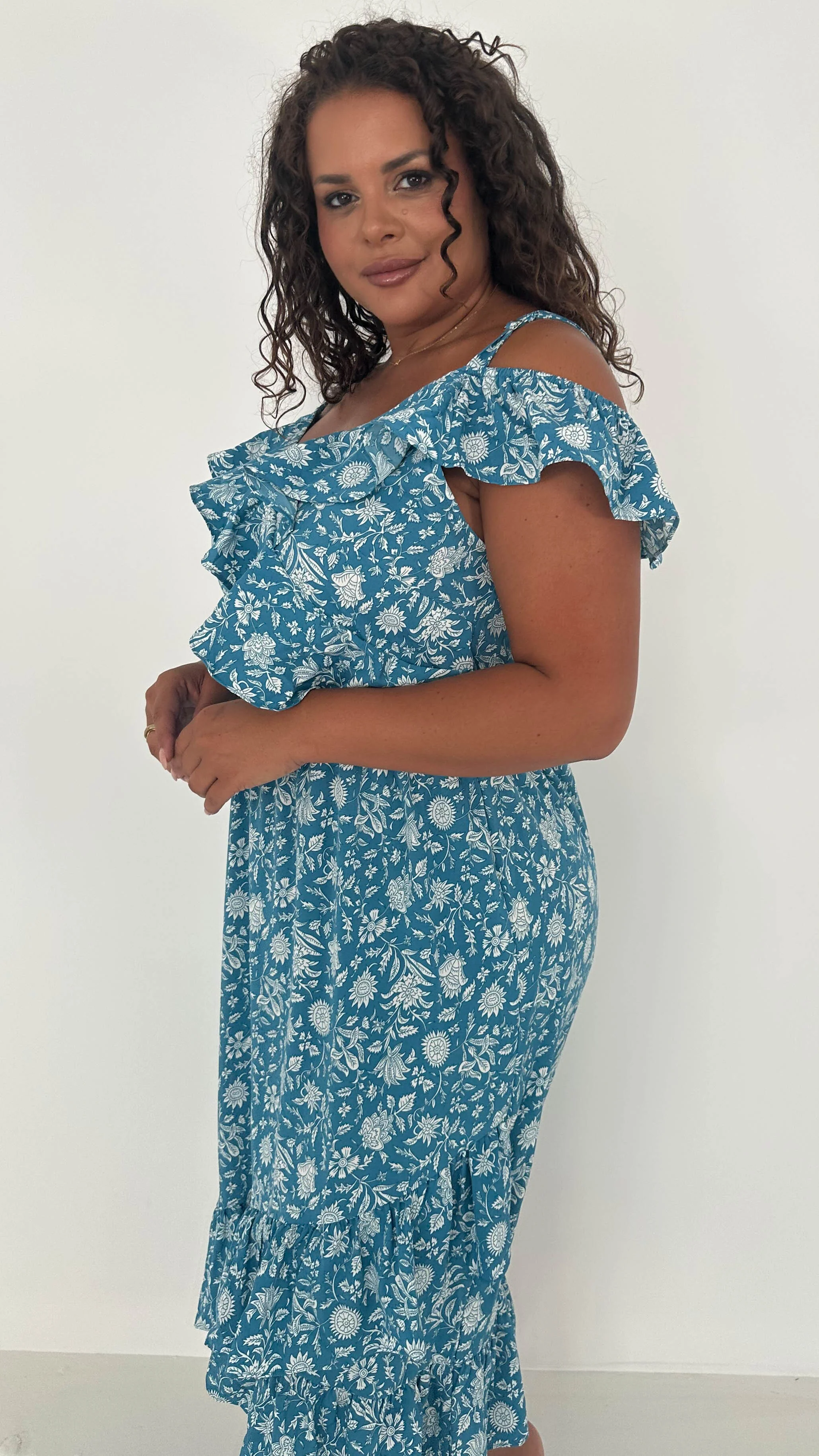 CurveWow Frill Wrap Dress Blue - Image 5