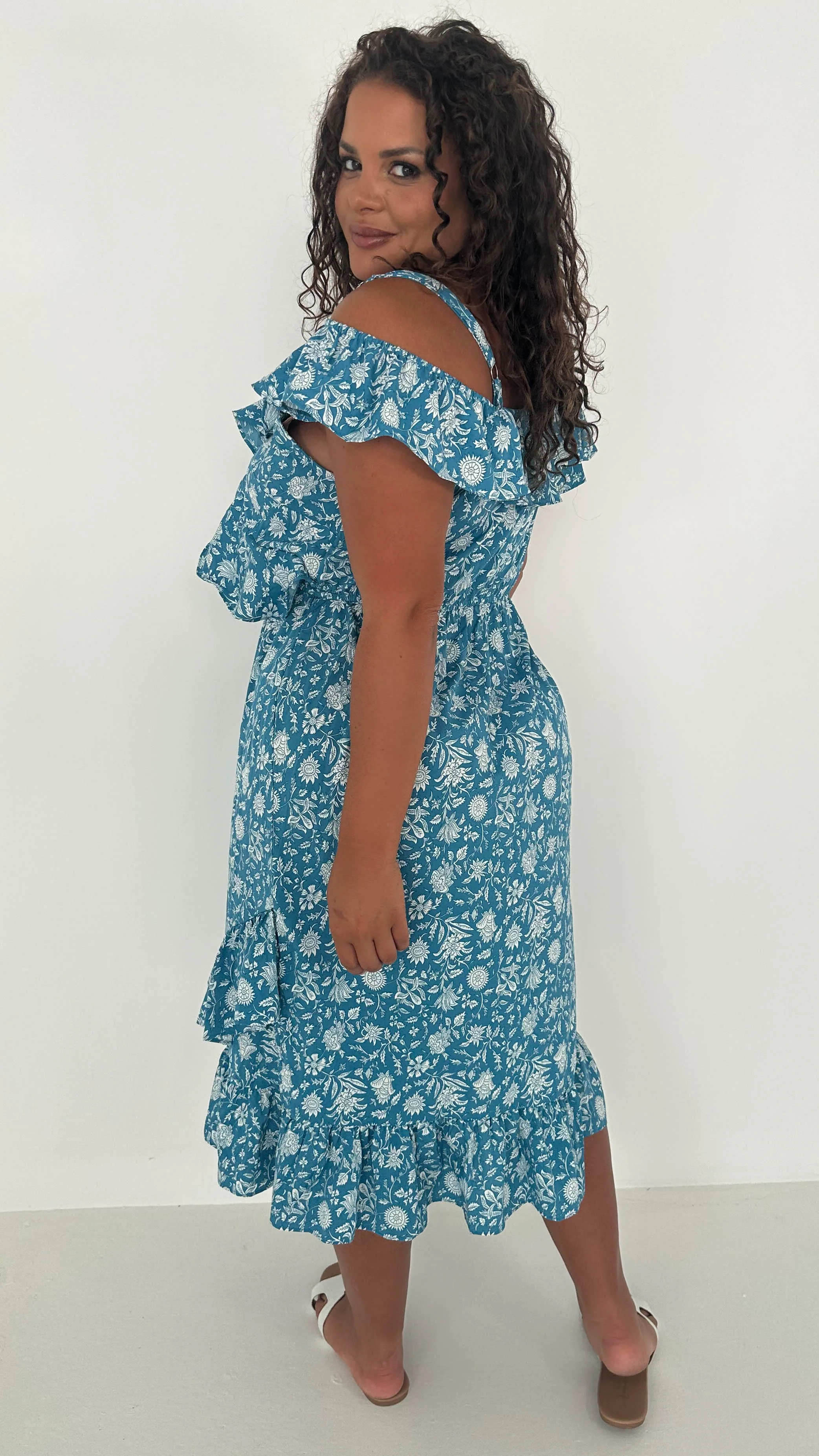 CurveWow Frill Wrap Dress Blue - Image 6