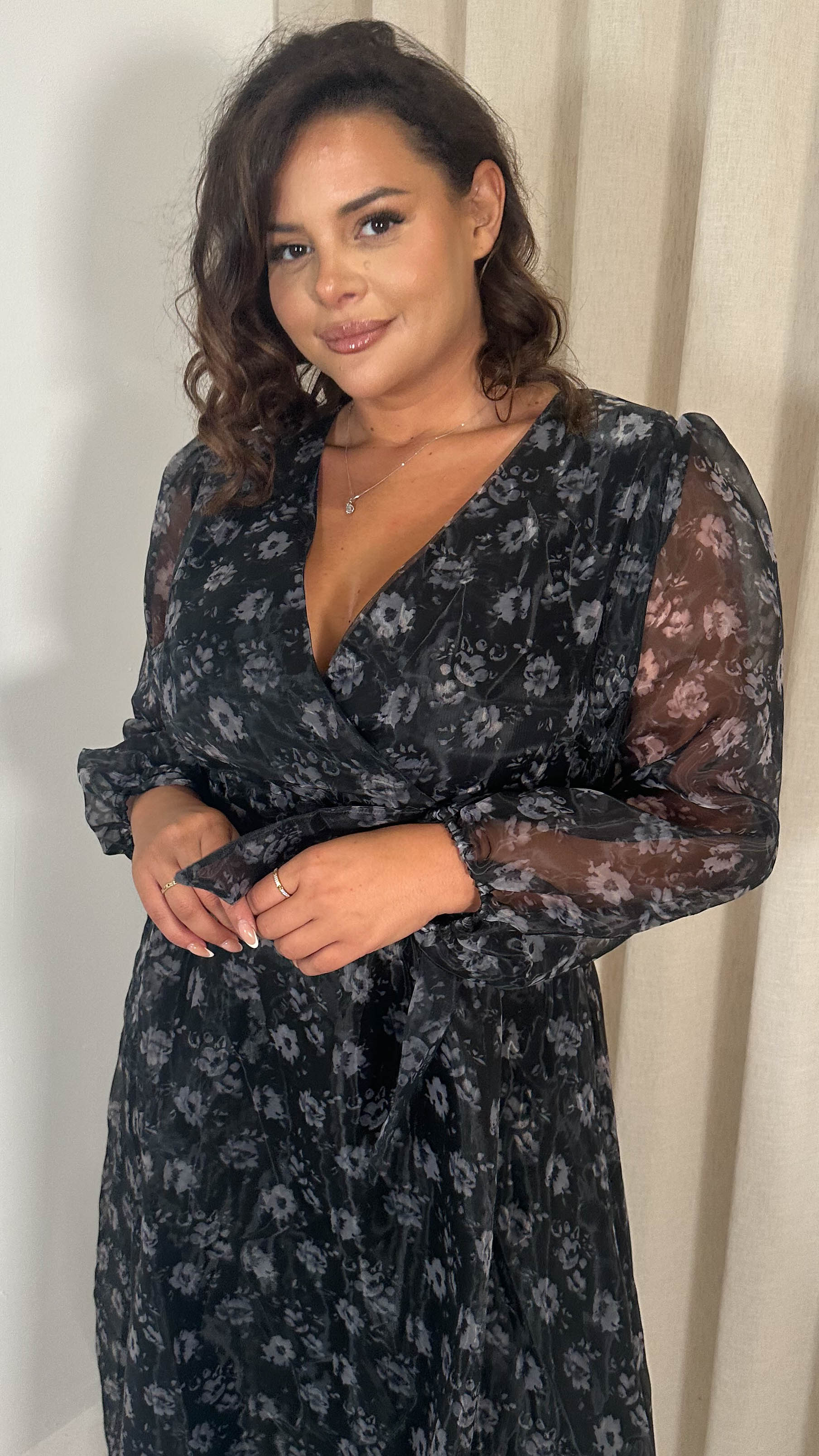 CurveWow Full Organza Printed Wrap Dress Black Floral - Image 2