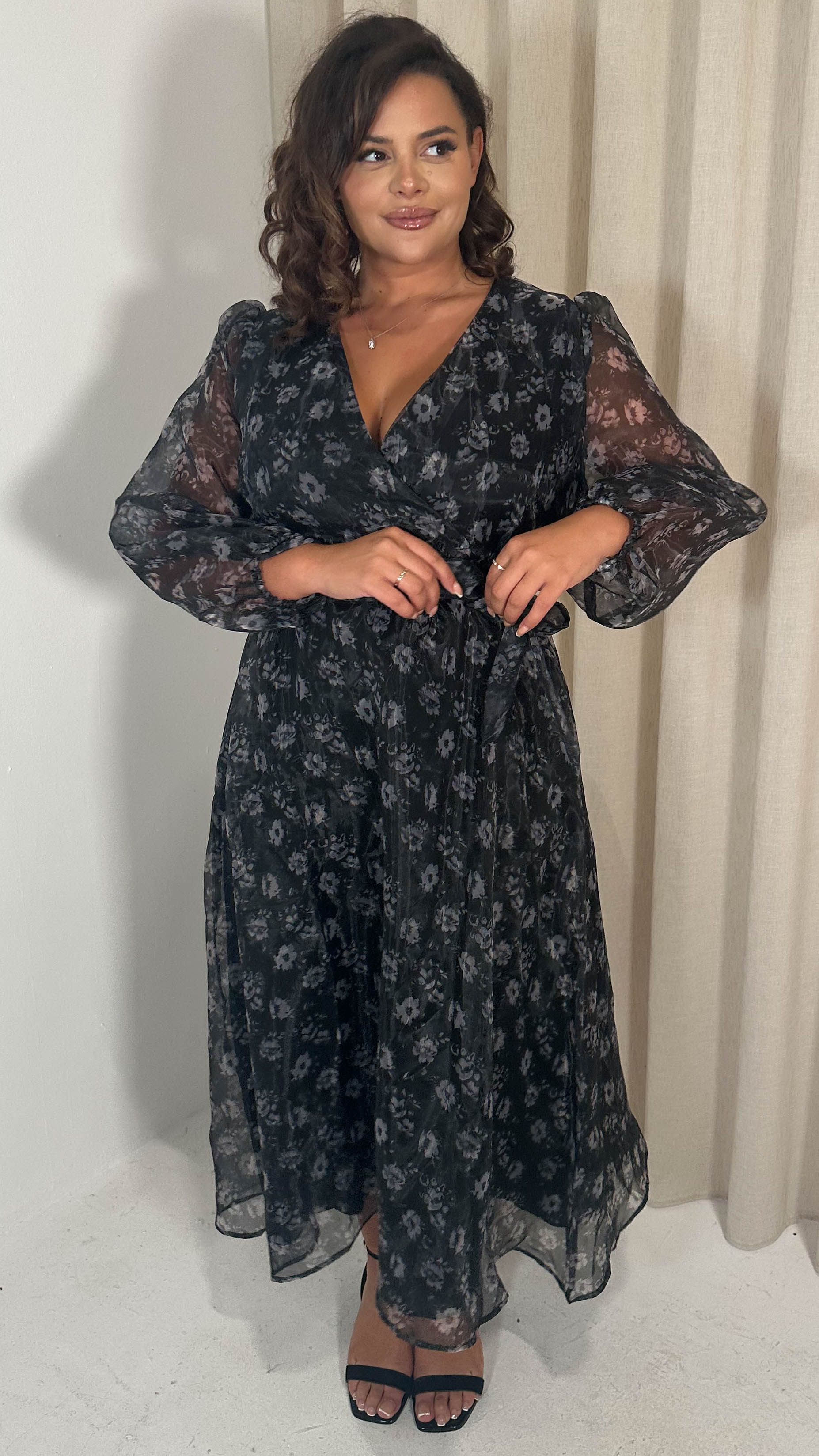 CurveWow Full Organza Printed Wrap Dress Black Floral - Image 4