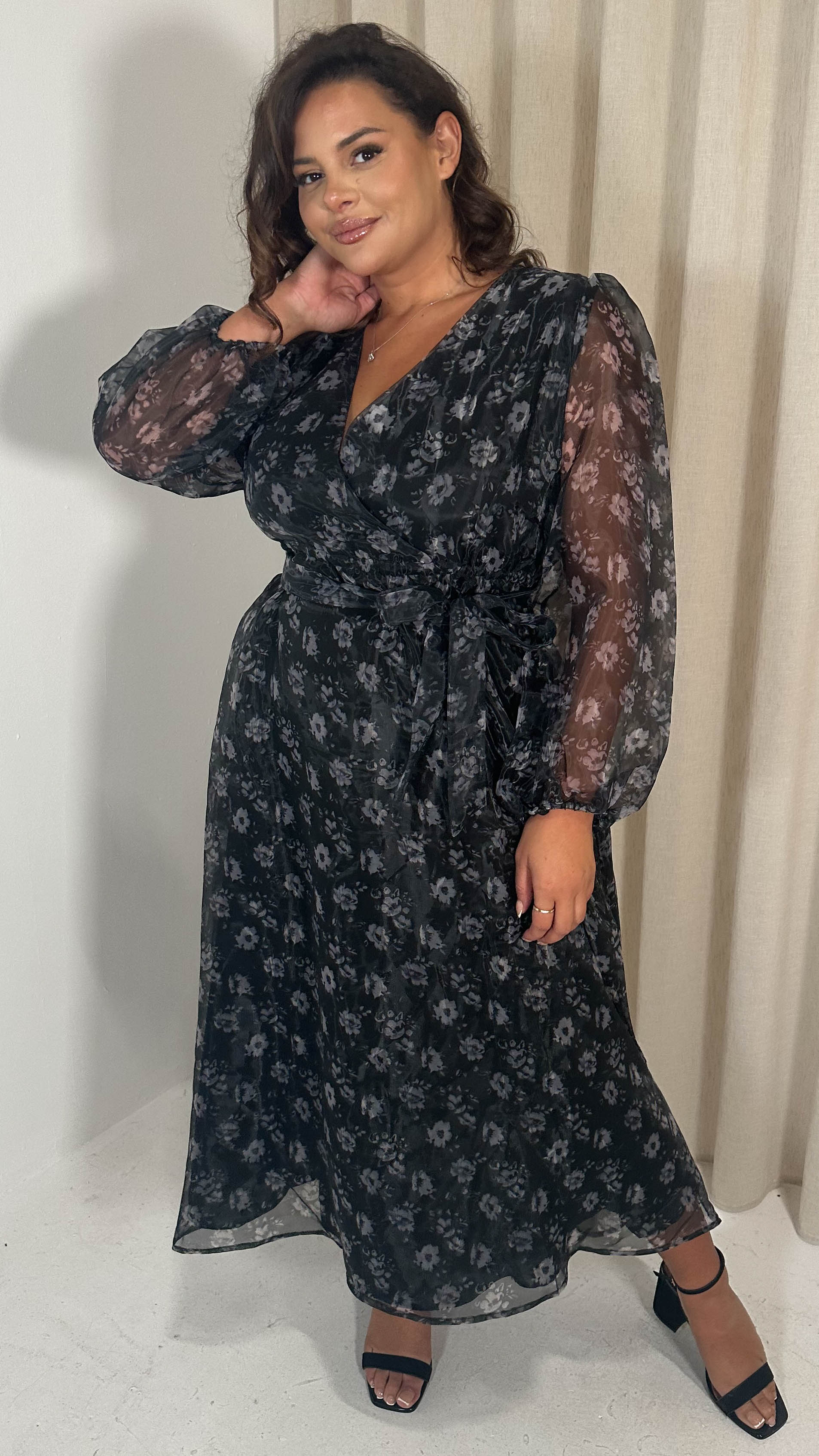 CurveWow Full Organza Printed Wrap Dress Black Floral - Image 6