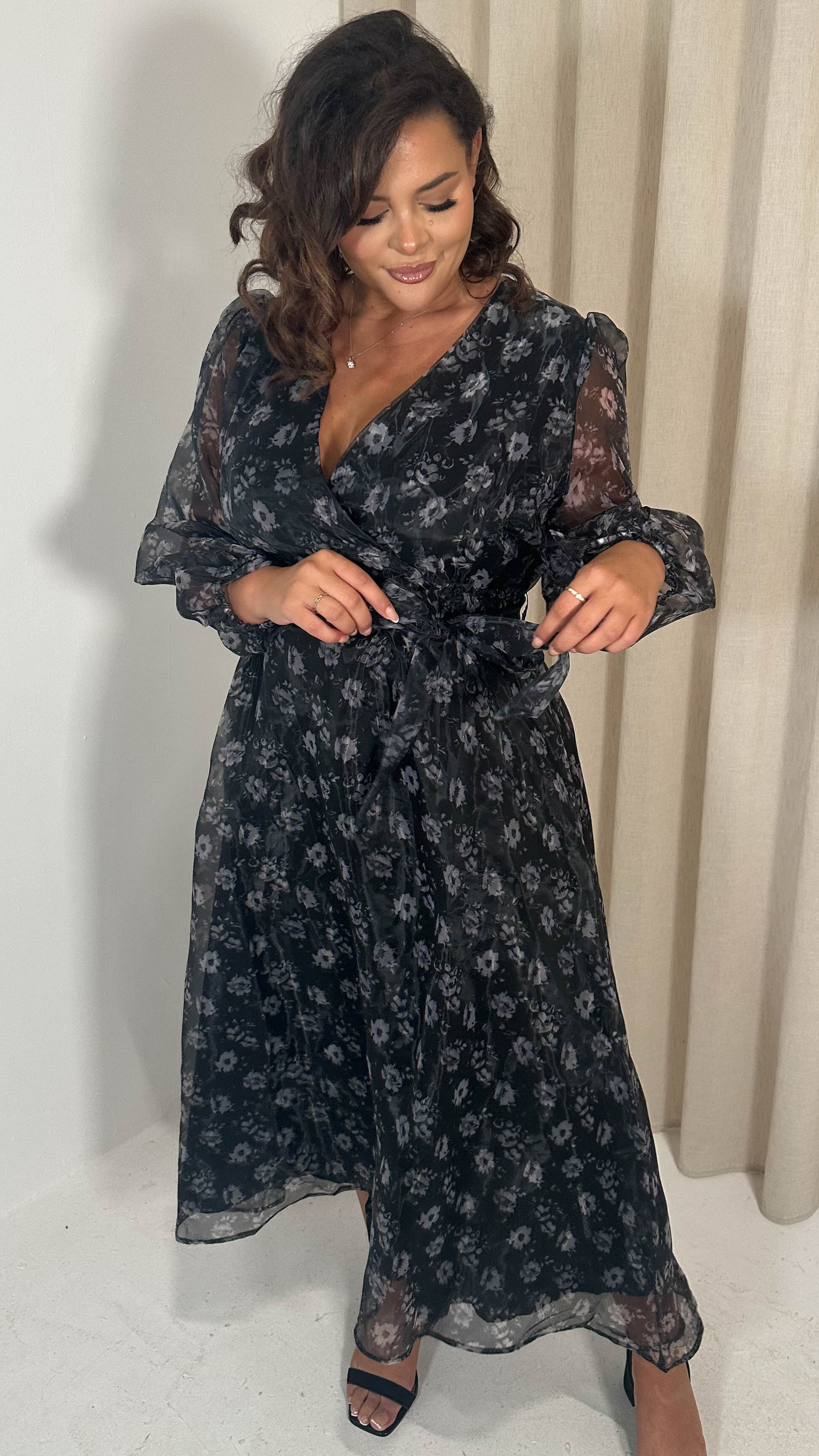 CurveWow Full Organza Printed Wrap Dress Black Floral - Image 7