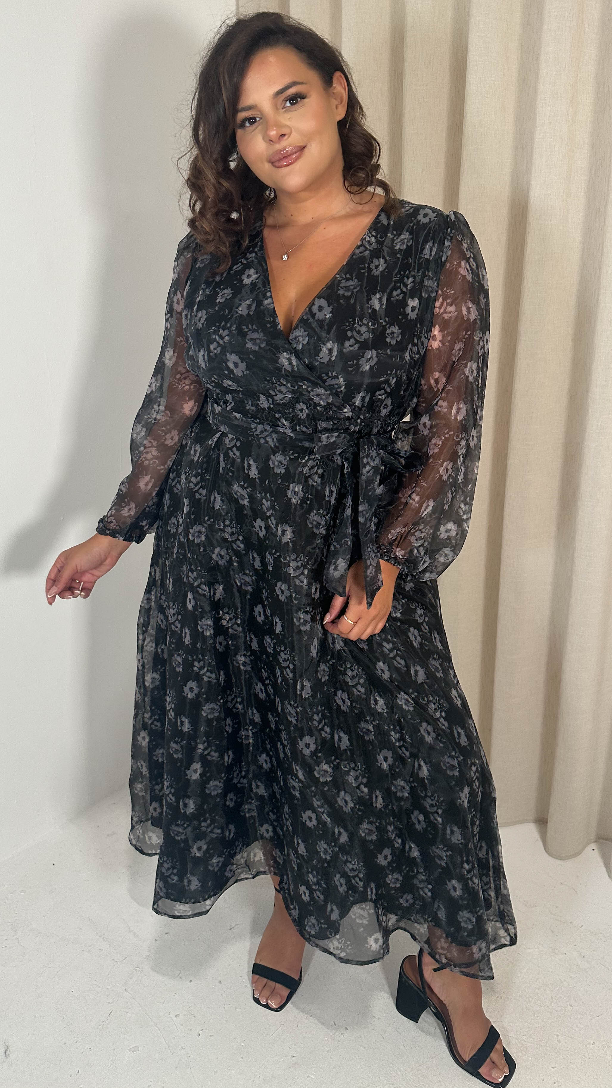 CurveWow Full Organza Printed Wrap Dress Black Floral - Image 8