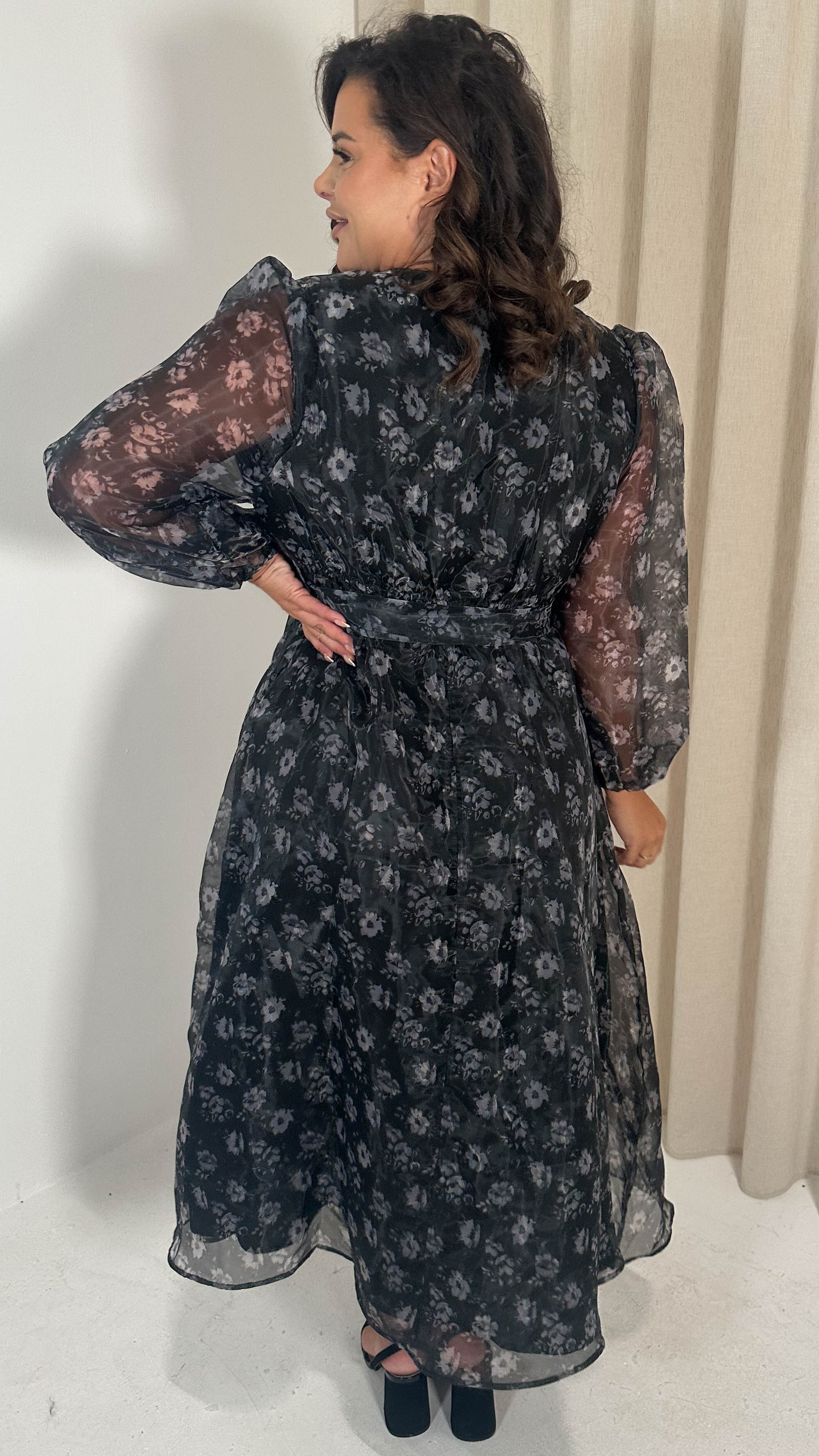 CurveWow Full Organza Printed Wrap Dress Black Floral - Image 9
