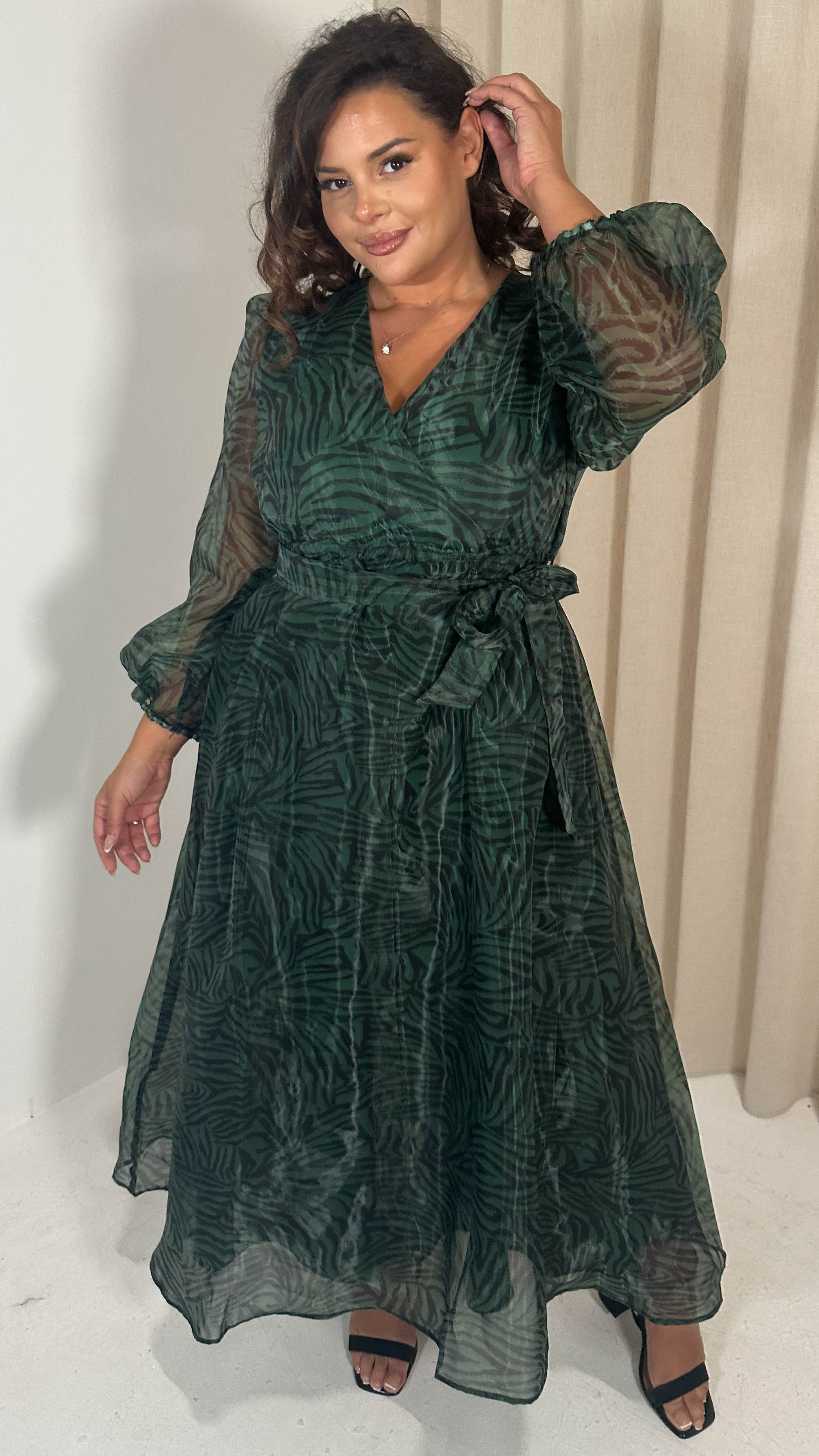 CurveWow Full Organza Printed Wrap Dress Green Zebra - Image 6