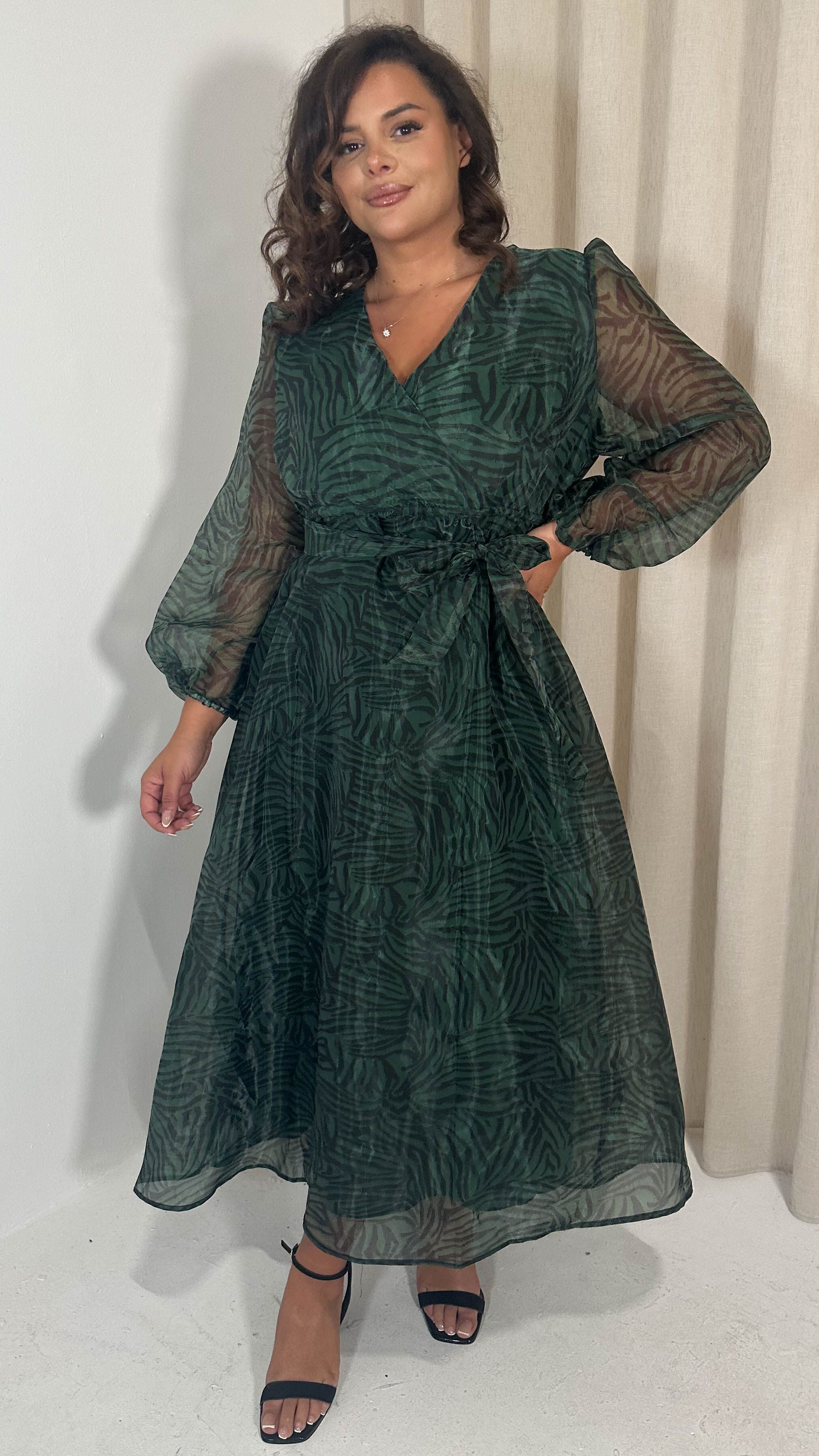 CurveWow Full Organza Printed Wrap Dress Green Zebra - Image 8