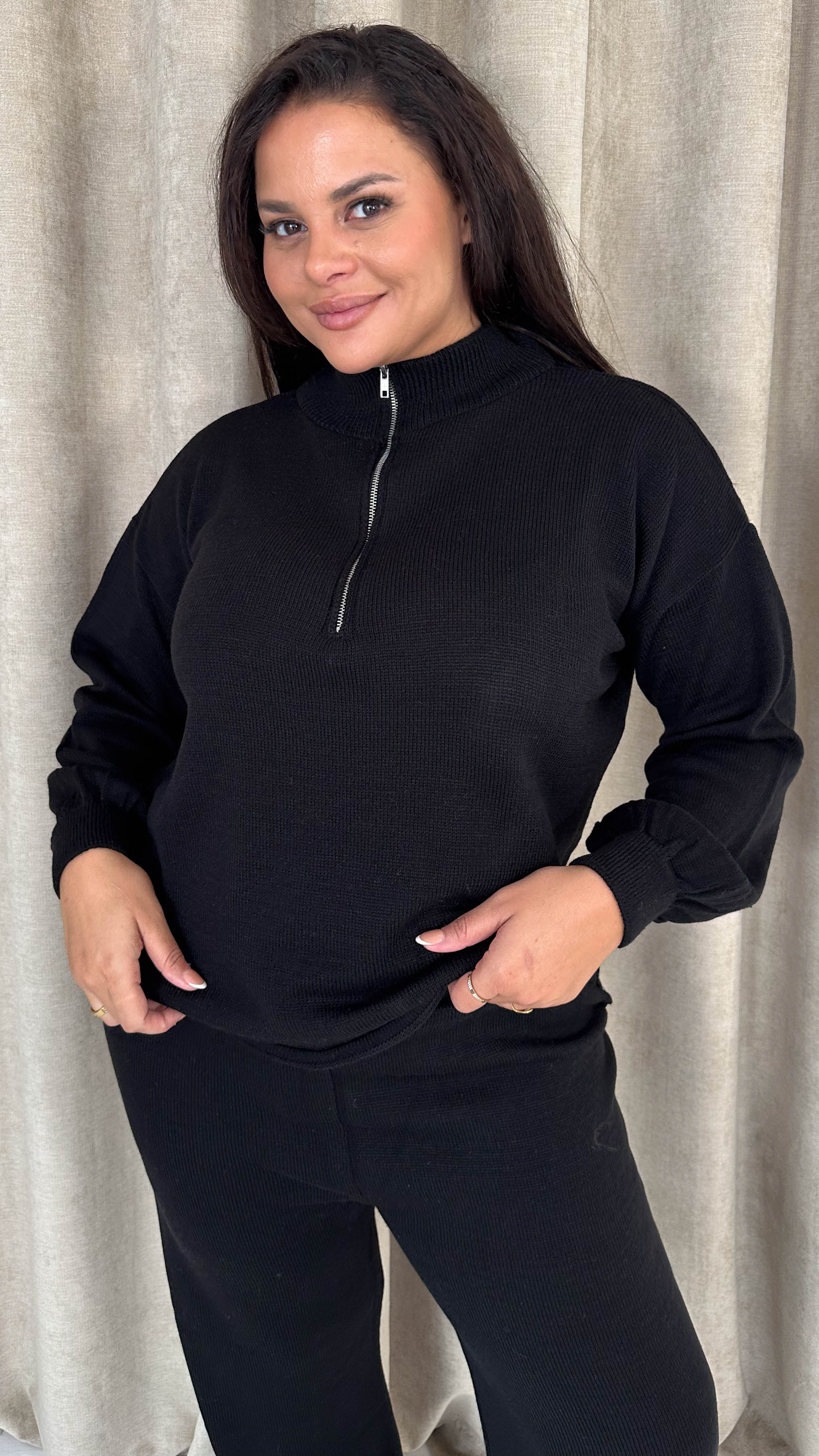 CurveWow Funnel Neck Zip Front Knitted Co-Ord Black - Image 2