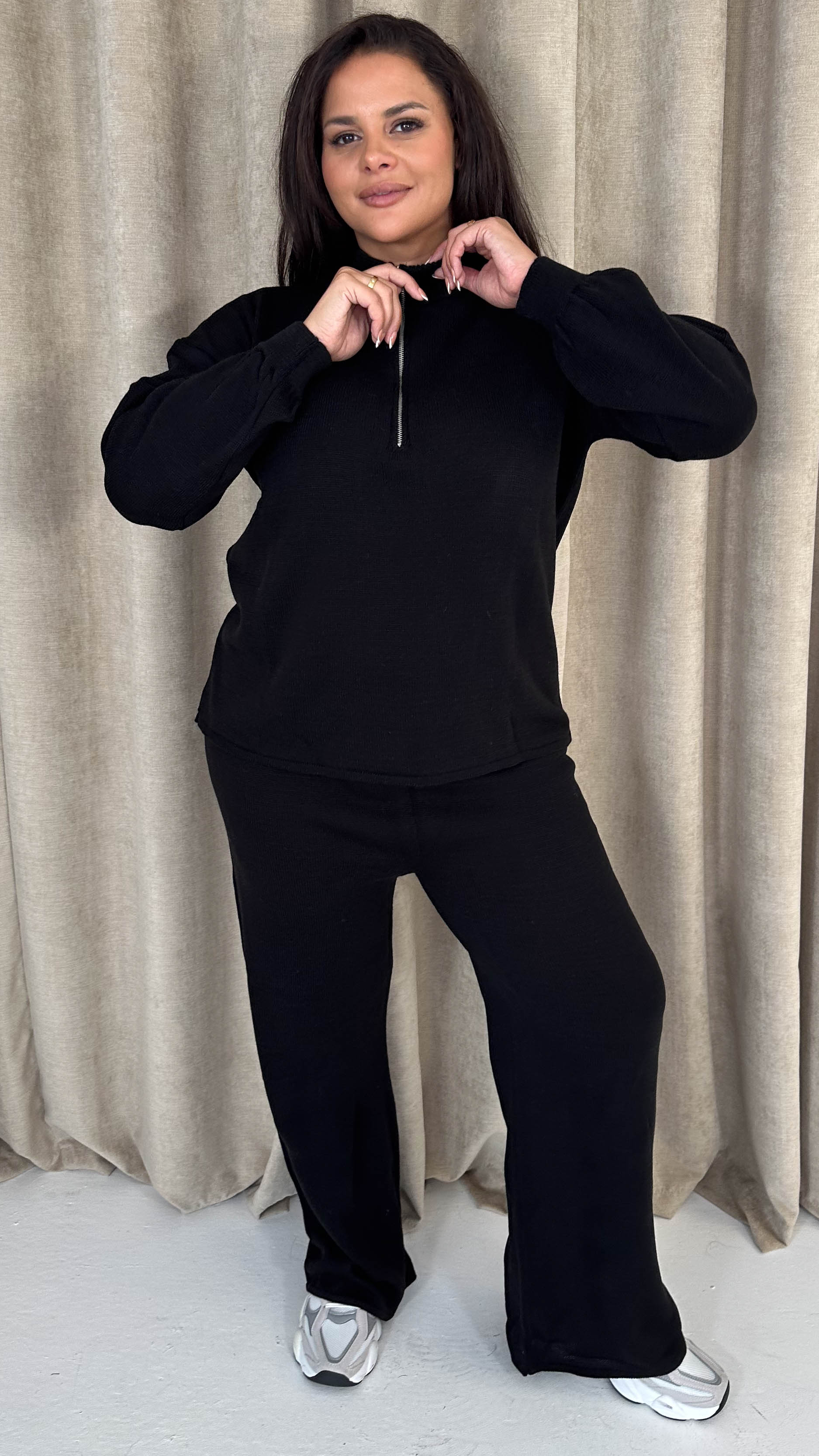 CurveWow Funnel Neck Zip Front Knitted Co-Ord Black - Image 5