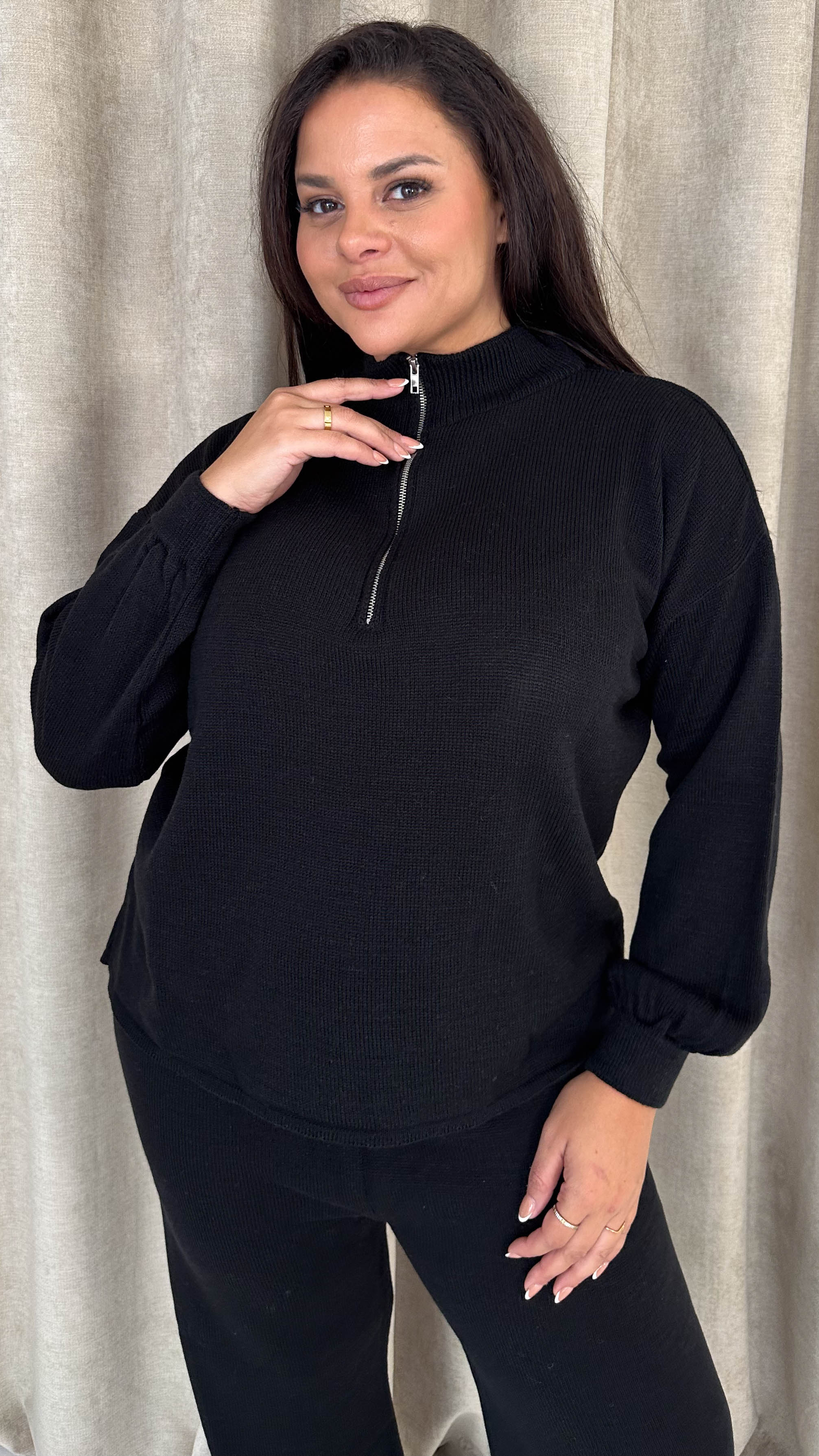 CurveWow Funnel Neck Zip Front Knitted Co-Ord Black - Image 6