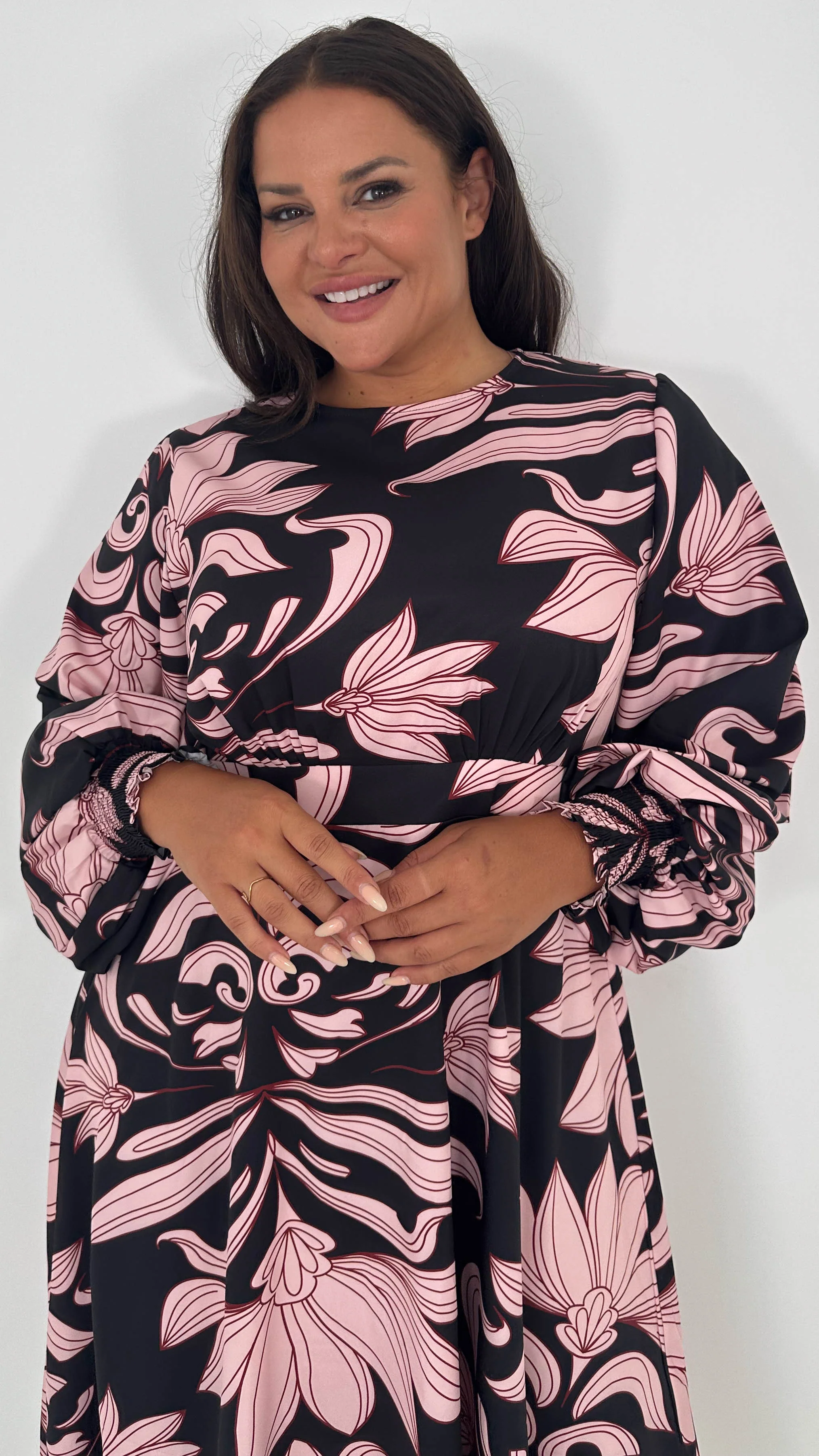 CurveWow Gathered Front Midi Dress Pink & Black Floral - Image 2
