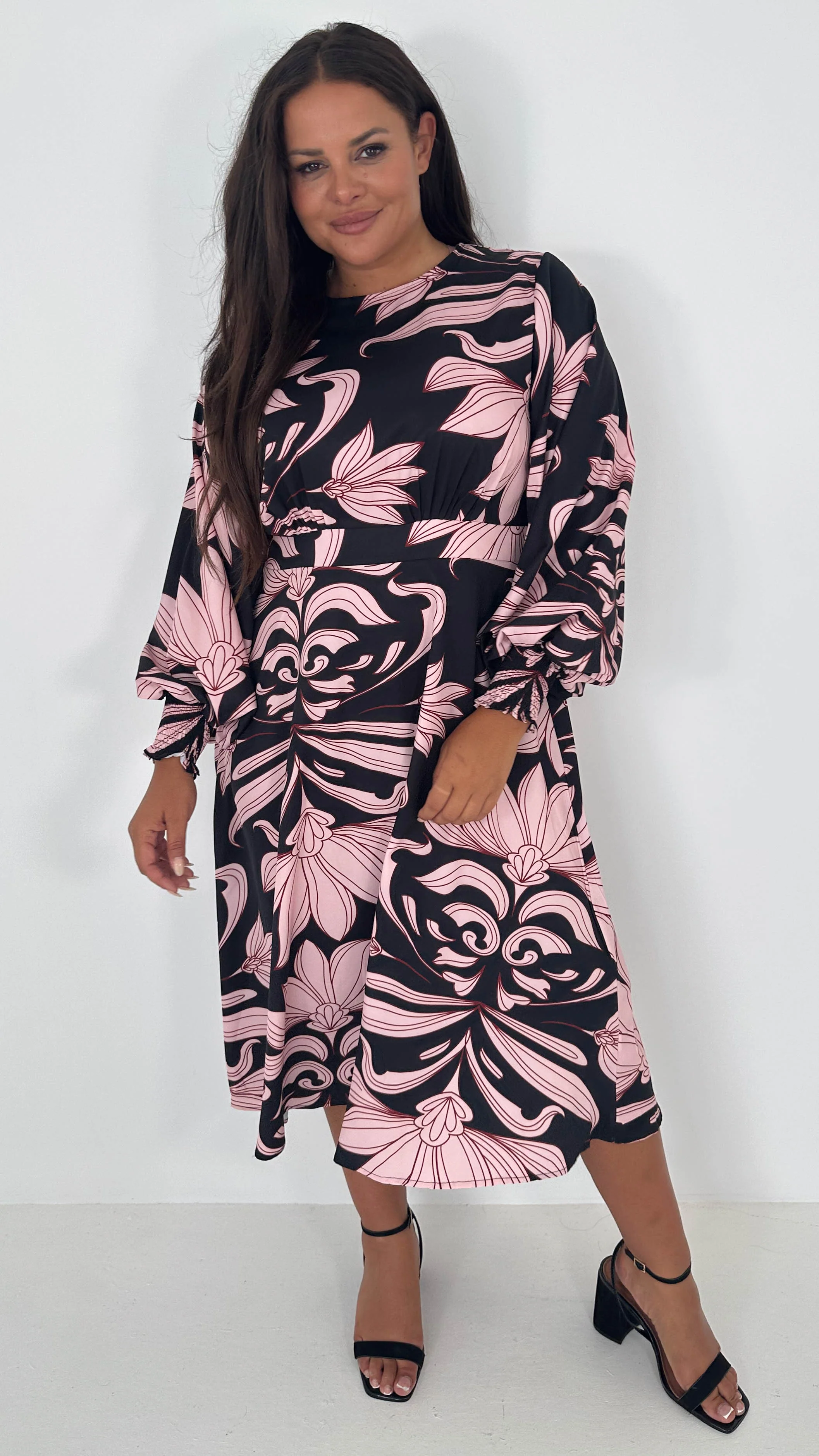 CurveWow Gathered Front Midi Dress Pink & Black Floral - Image 8