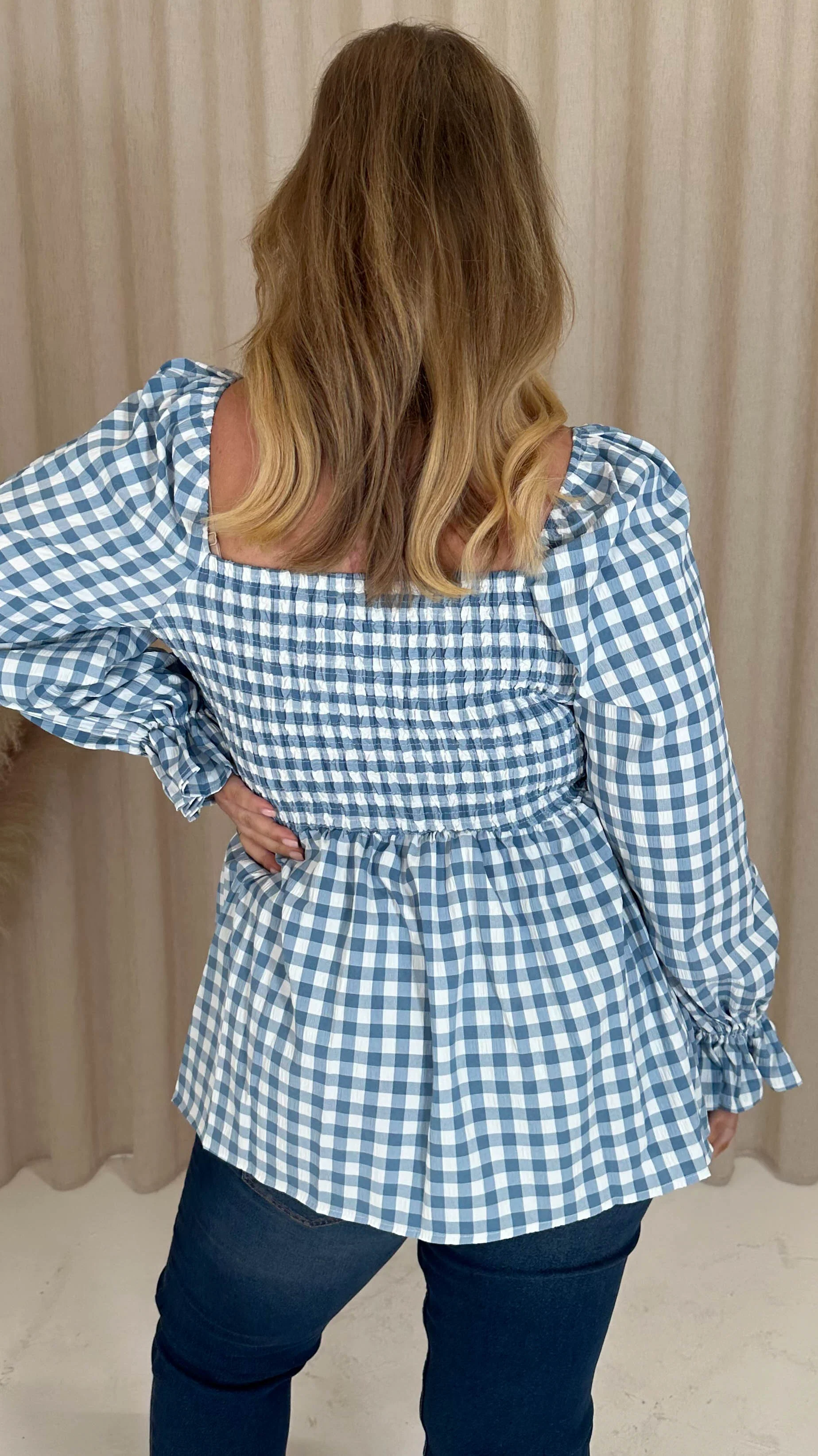 CurveWow Gingham Shirred Top Blue - Image 8