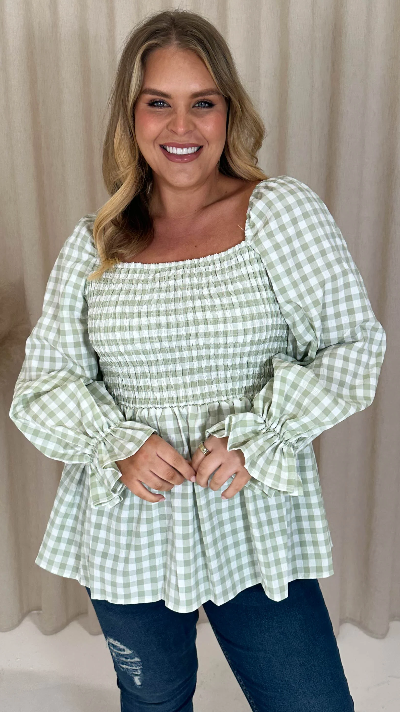 CurveWow Gingham Shirred Top Sage - Image 3