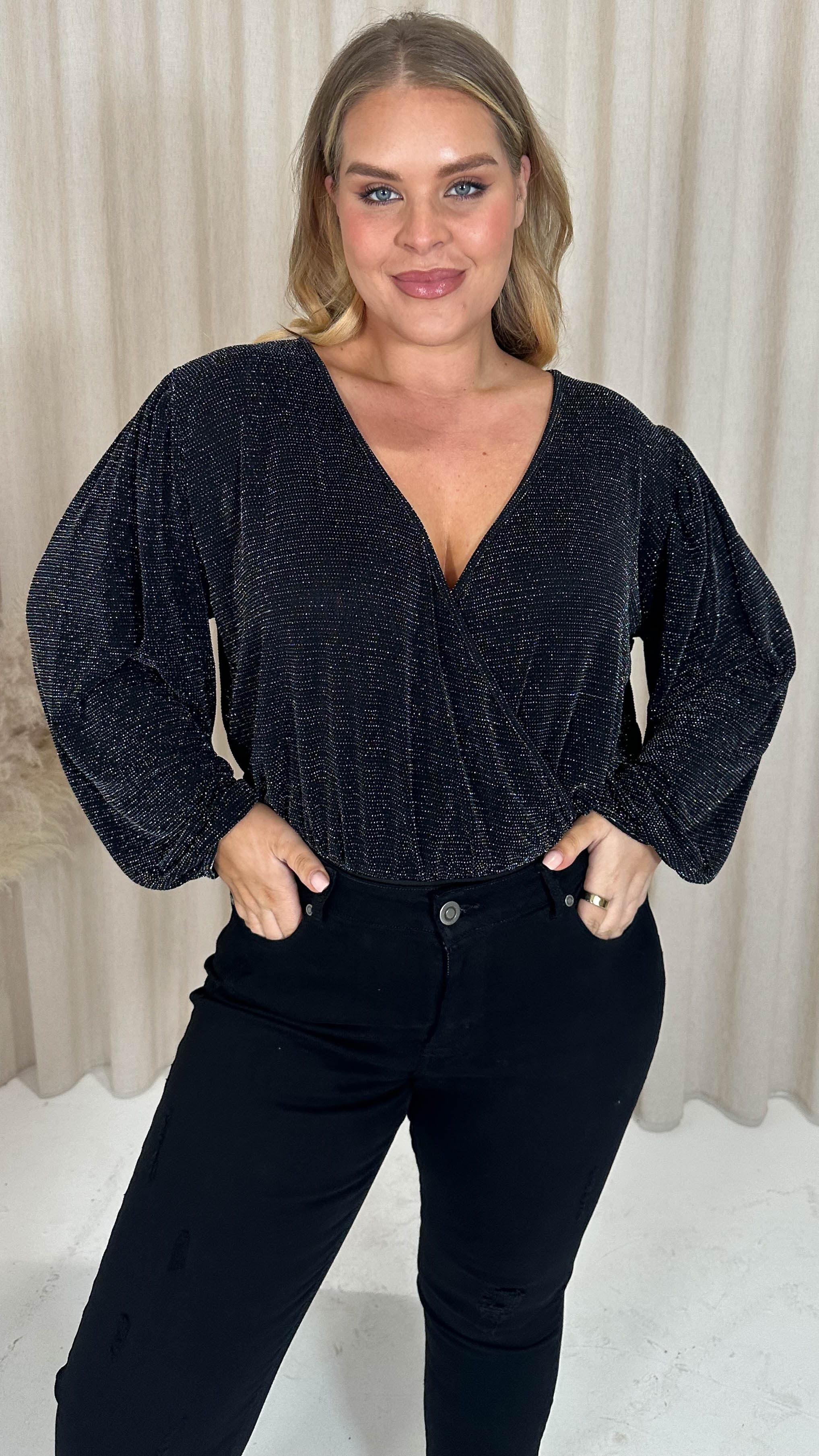 CurveWow Glitter Wrap Bodysuit Black - Image 3