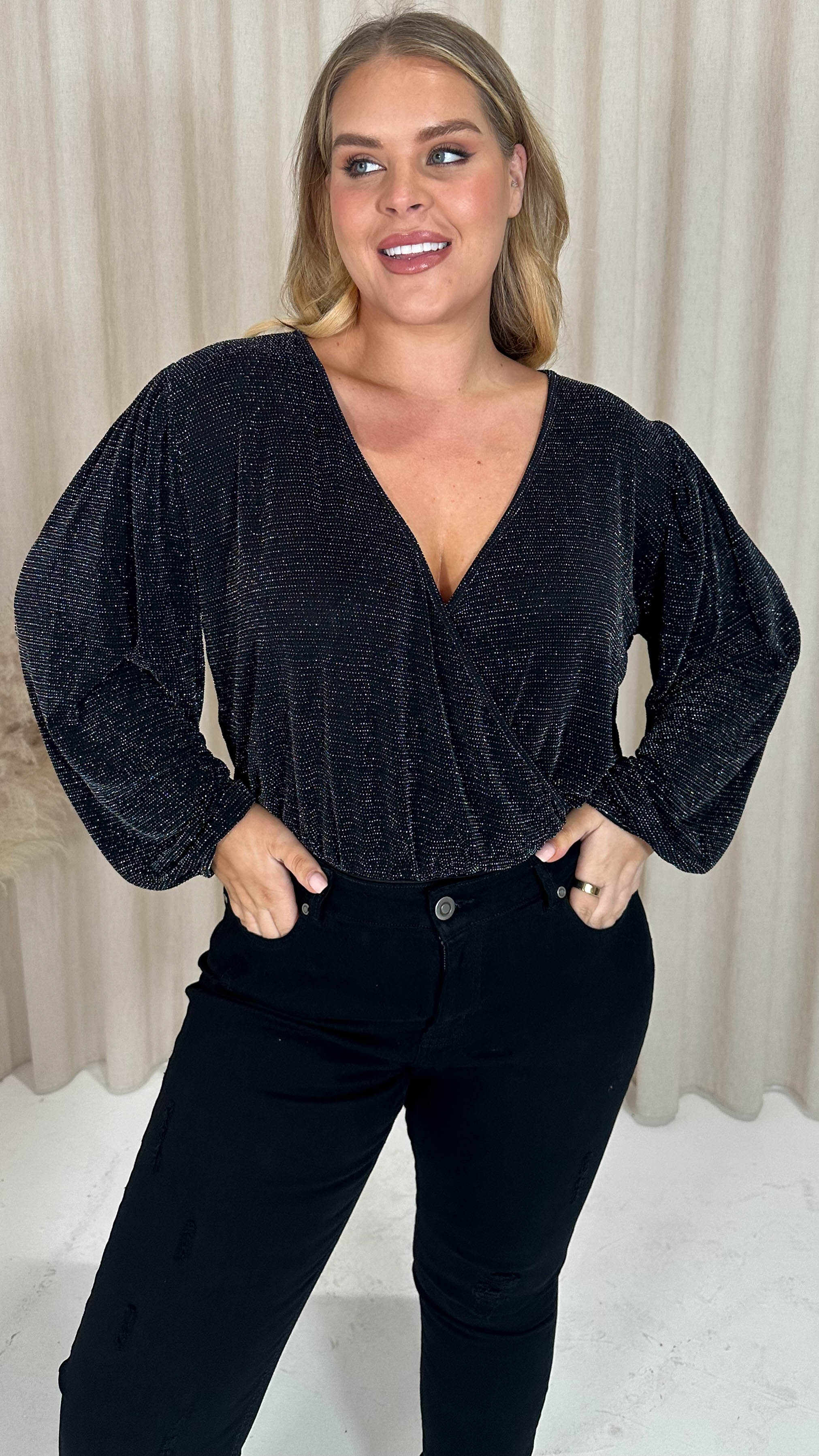 CurveWow Glitter Wrap Bodysuit Black - Image 4