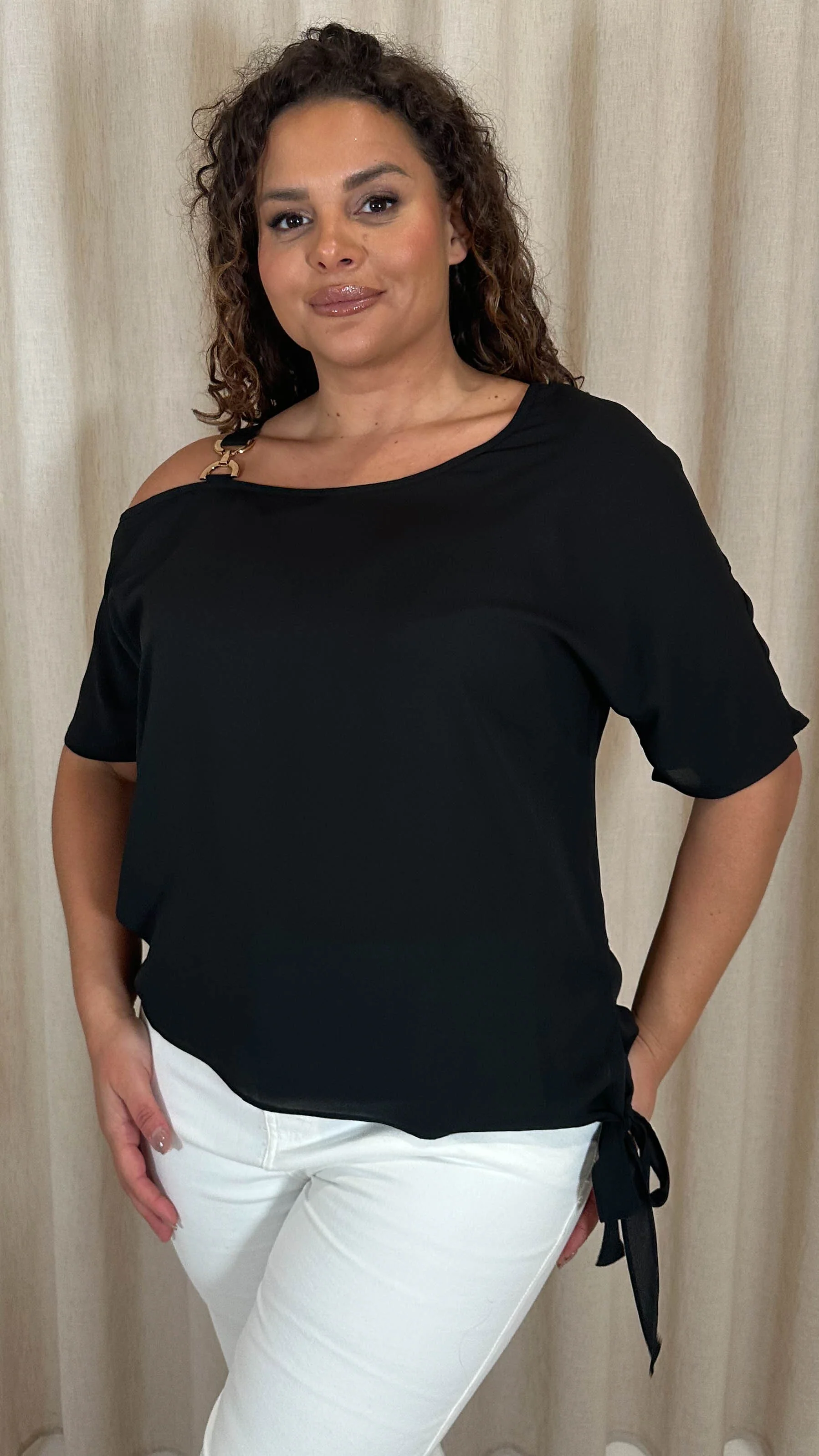 CurveWow Gold Shoulder Trim Tie Hem Top Black - Image 2