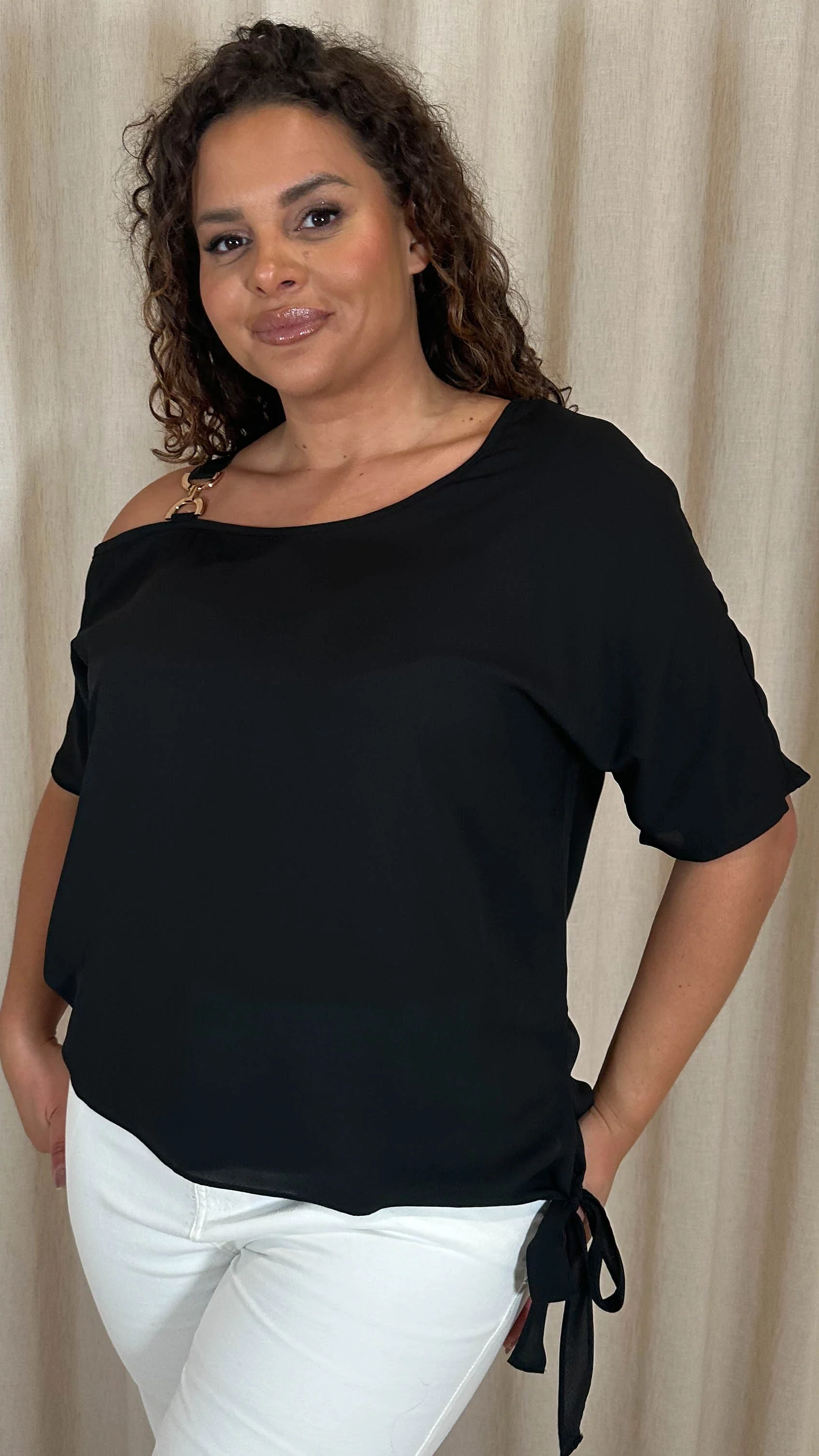 CurveWow Gold Shoulder Trim Tie Hem Top Black - Image 3