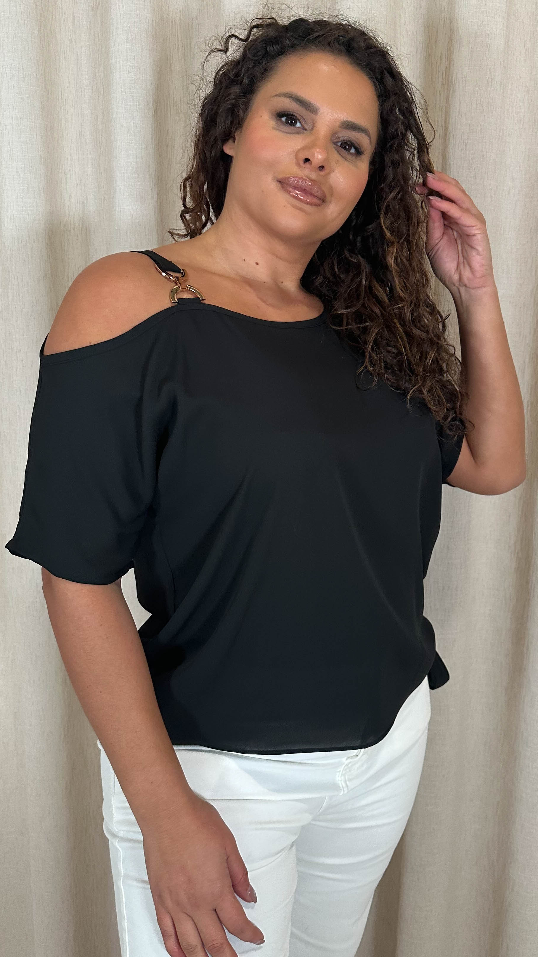 CurveWow Gold Shoulder Trim Tie Hem Top Black - Image 4