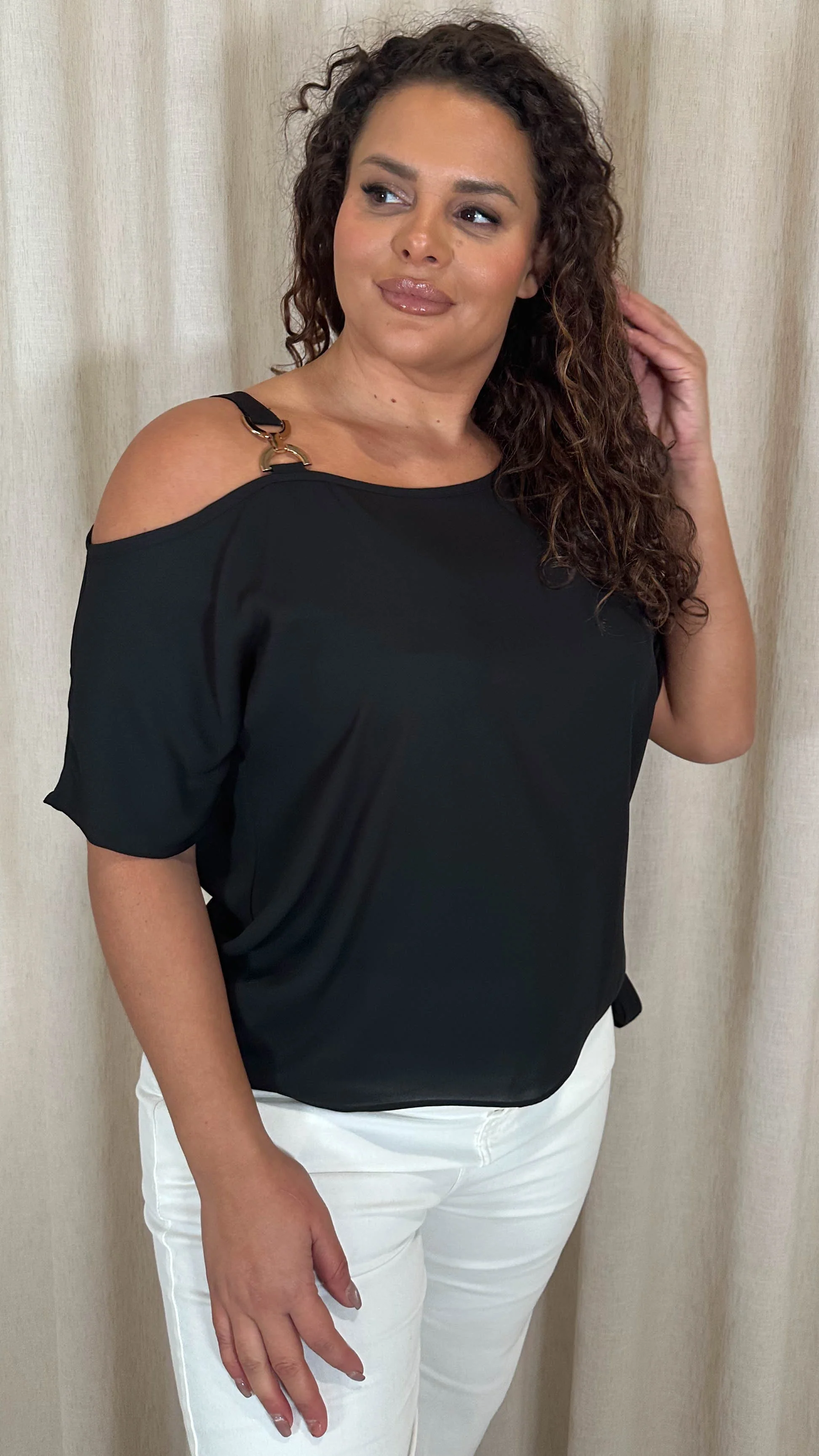 CurveWow Gold Shoulder Trim Tie Hem Top Black - Image 5