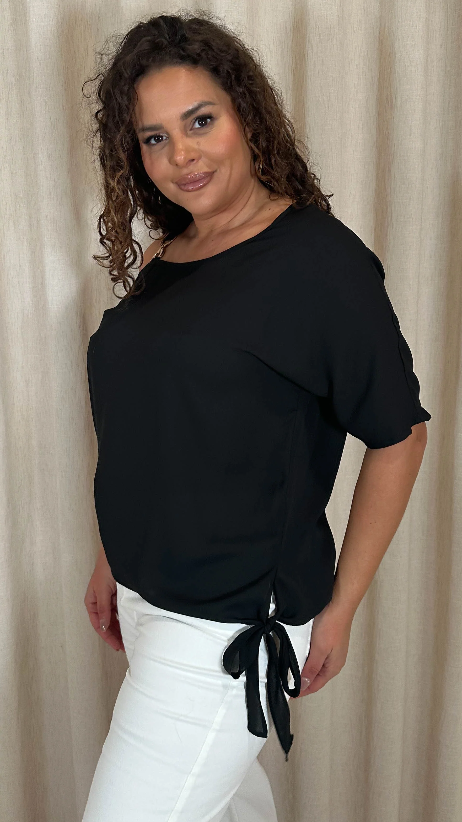 CurveWow Gold Shoulder Trim Tie Hem Top Black - Image 6