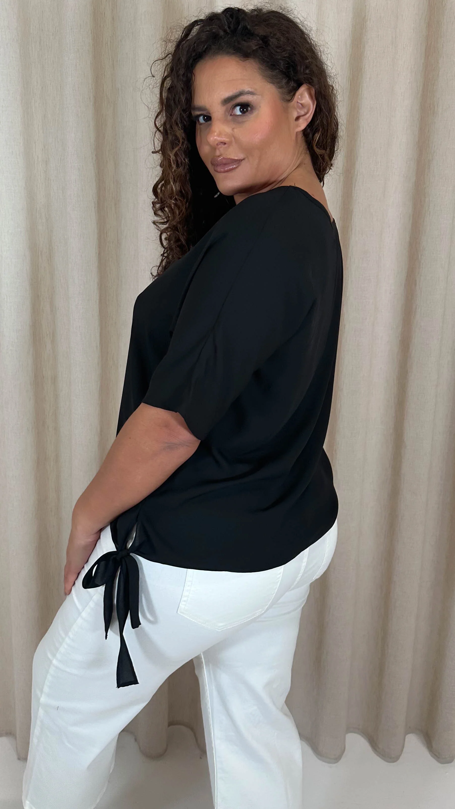 CurveWow Gold Shoulder Trim Tie Hem Top Black - Image 7