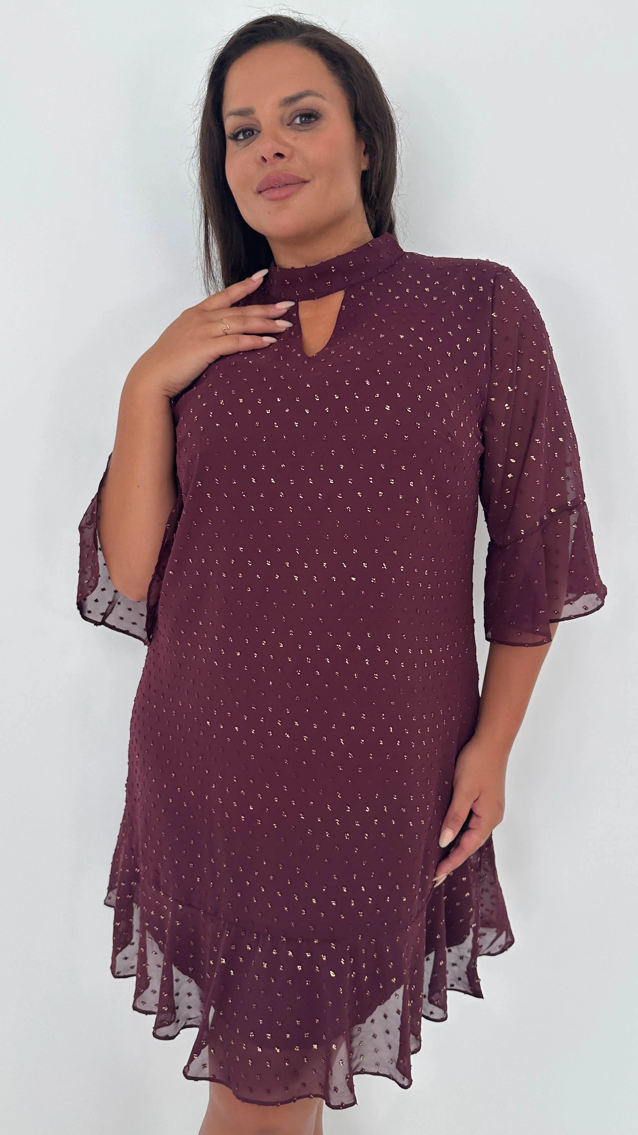 CurveWow Gold Spot Keyhole Shift Dress Plum - Image 2