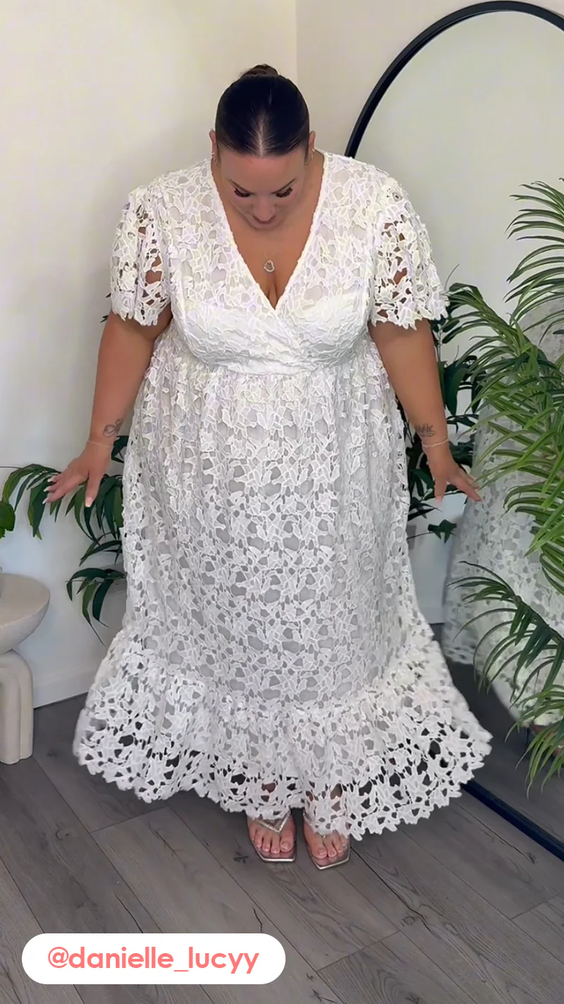 CurveWow Guipure Lace Occasion Maxi Dress White - Image 3