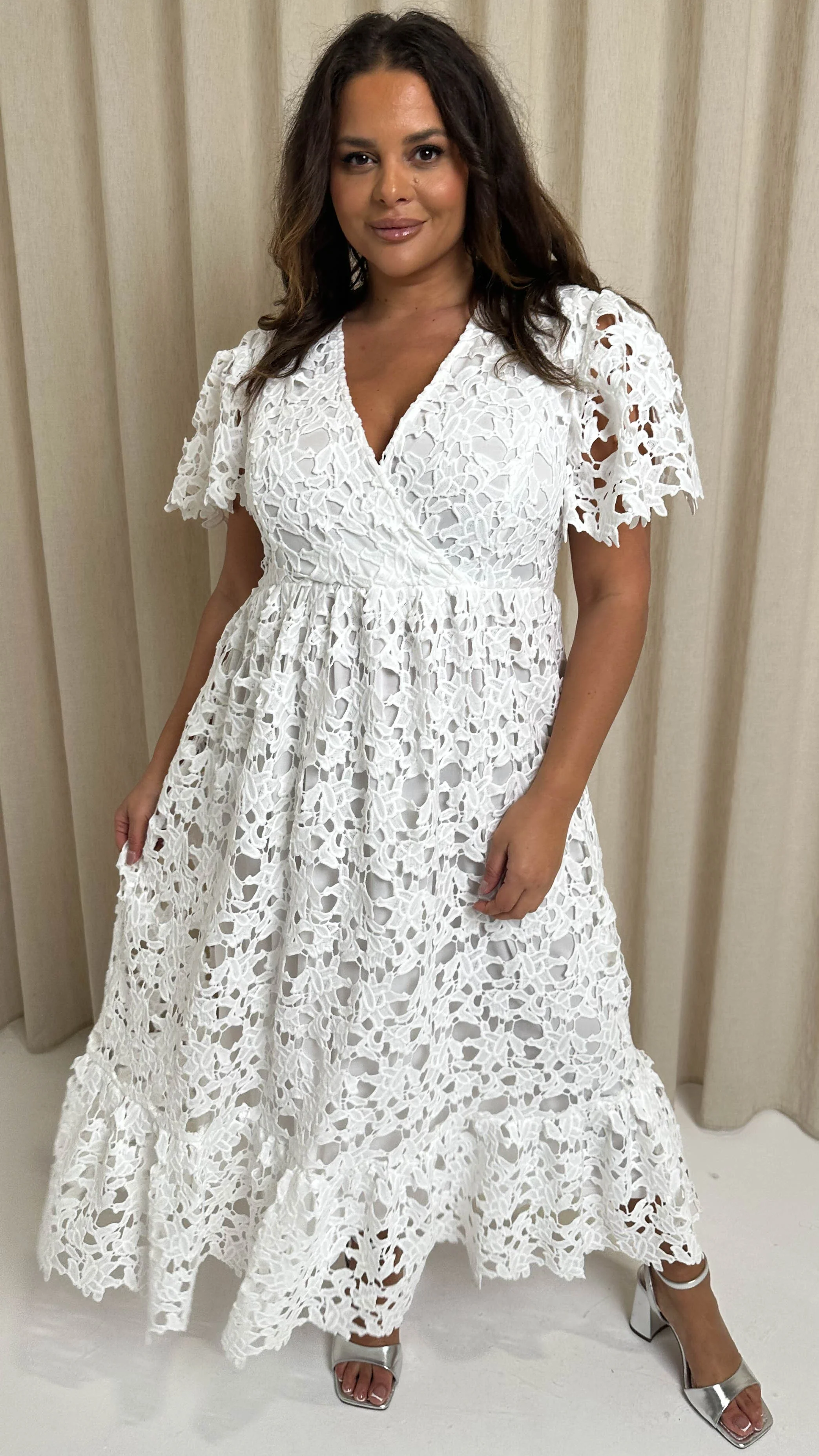 CurveWow Guipure Lace Occasion Maxi Dress White - Image 4