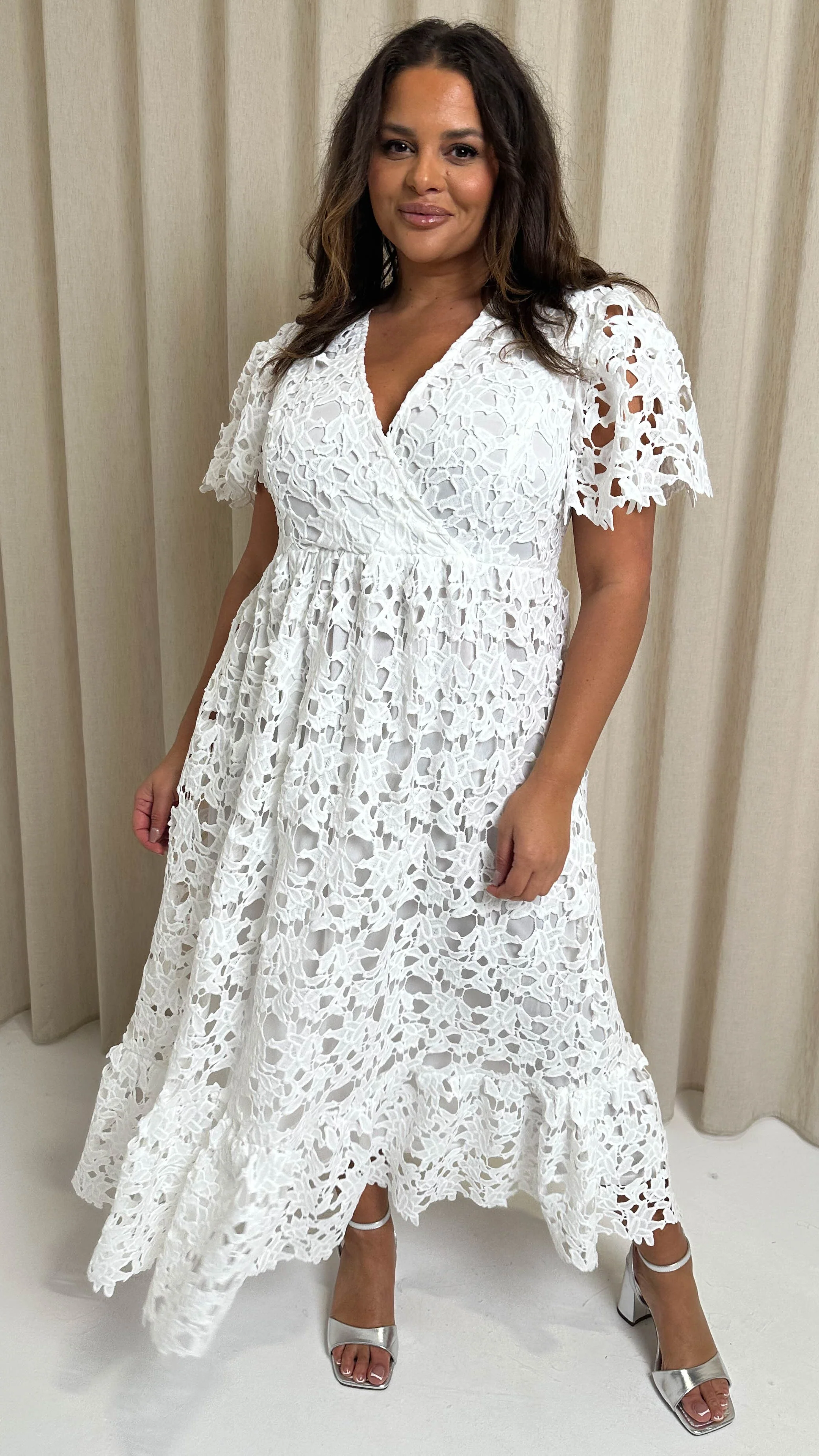 CurveWow Guipure Lace Occasion Maxi Dress White - Image 5
