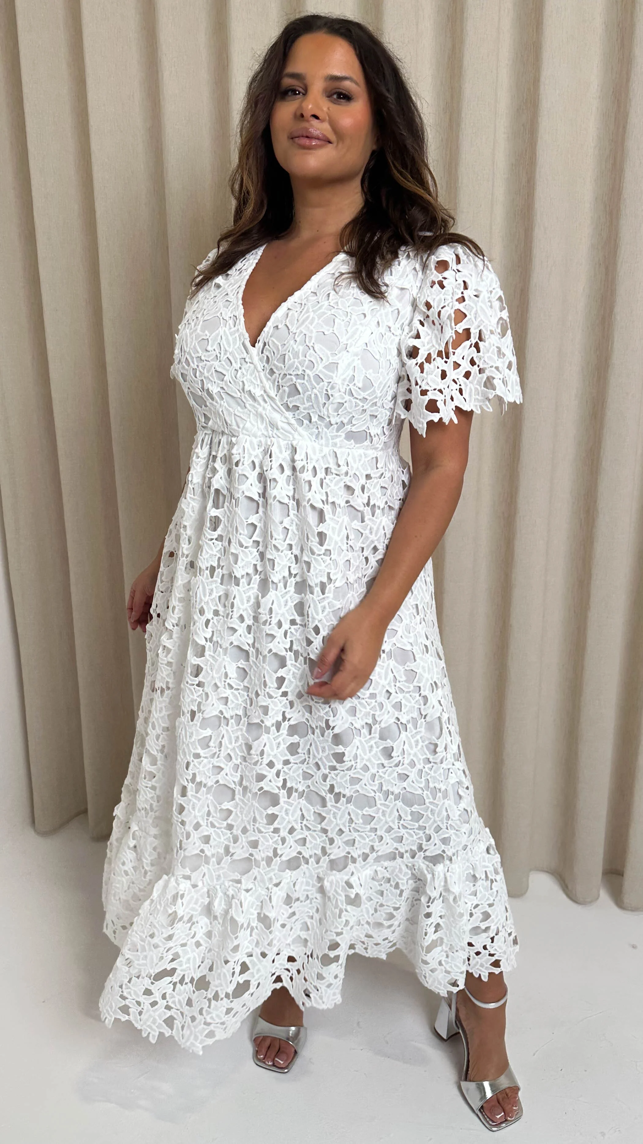 CurveWow Guipure Lace Occasion Maxi Dress White - Image 7