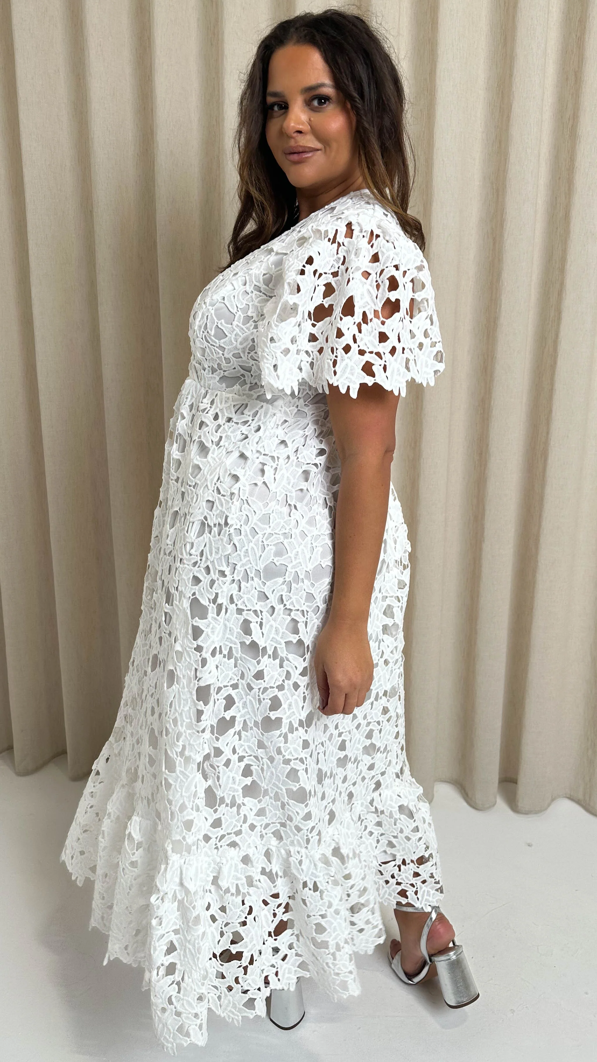 CurveWow Guipure Lace Occasion Maxi Dress White - Image 9