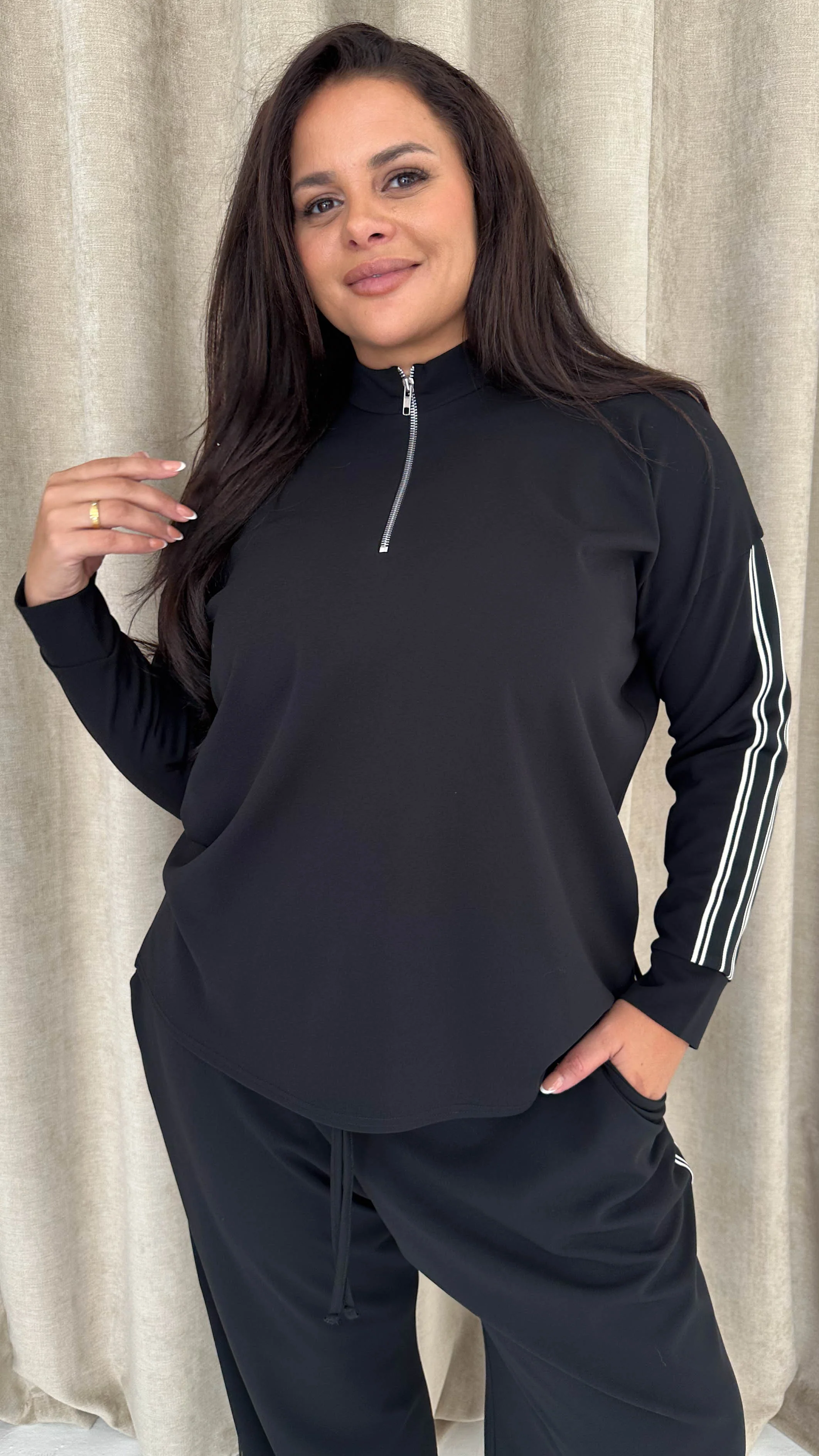 CurveWow Half Zip Tape Shoulder Top Black - Image 4