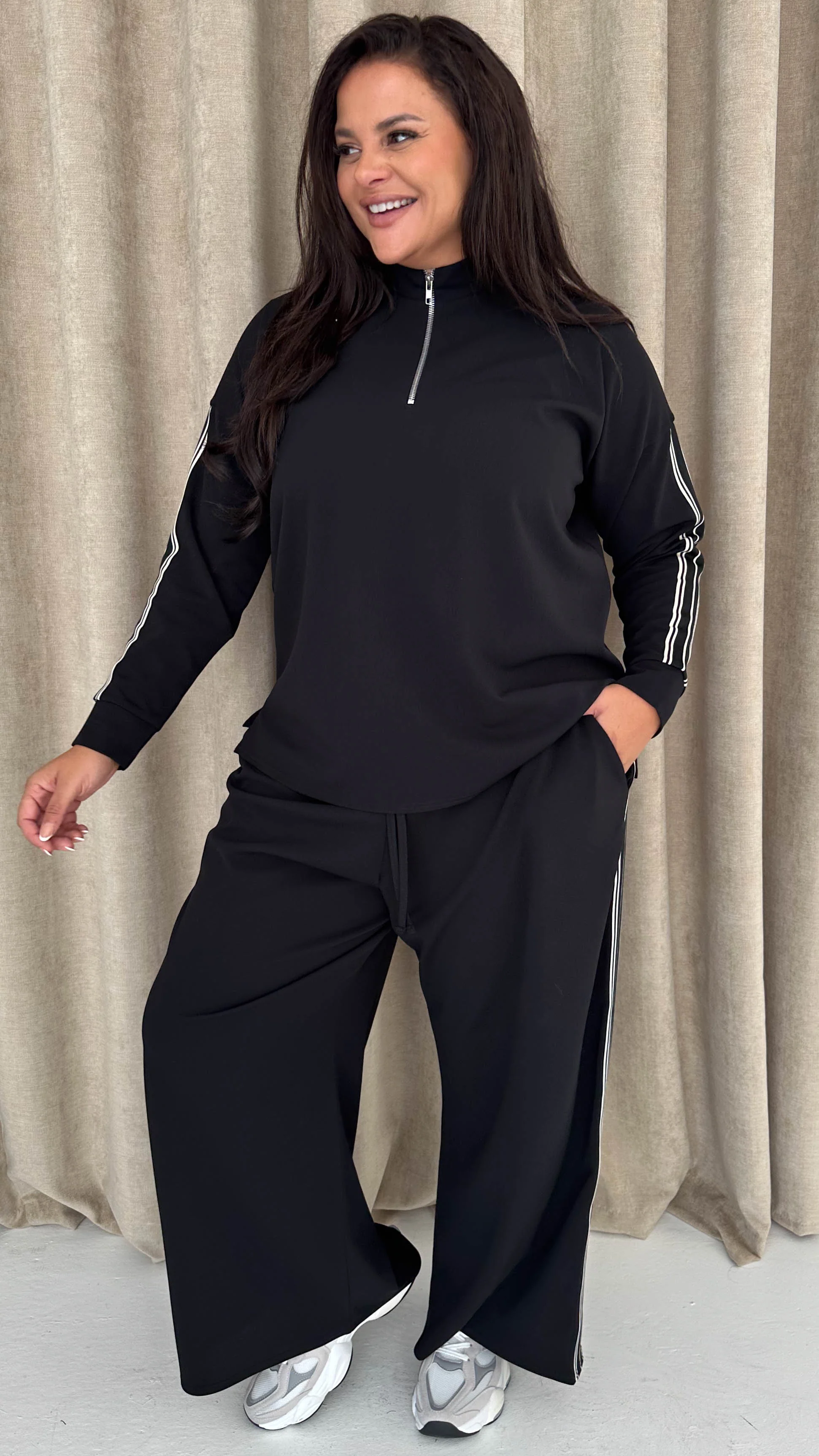 CurveWow Half Zip Tape Shoulder Top Black - Image 6