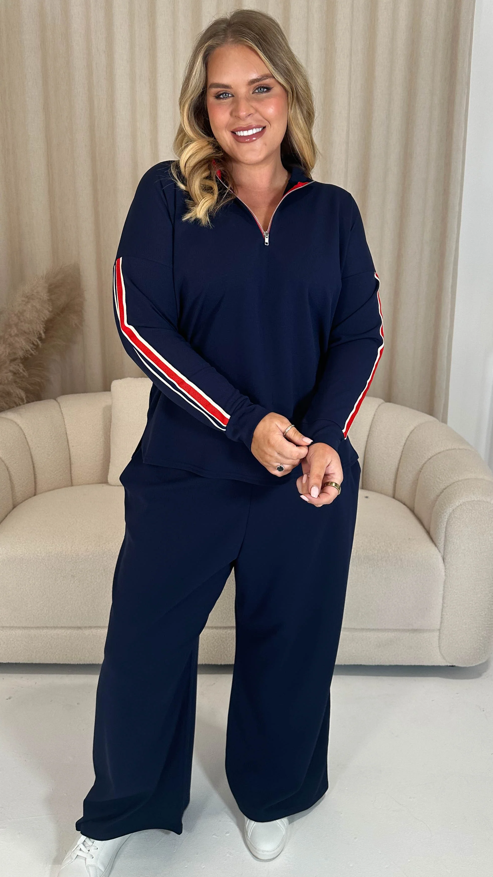 CurveWow Half Zip Tape Shoulder Top Navy - Image 6